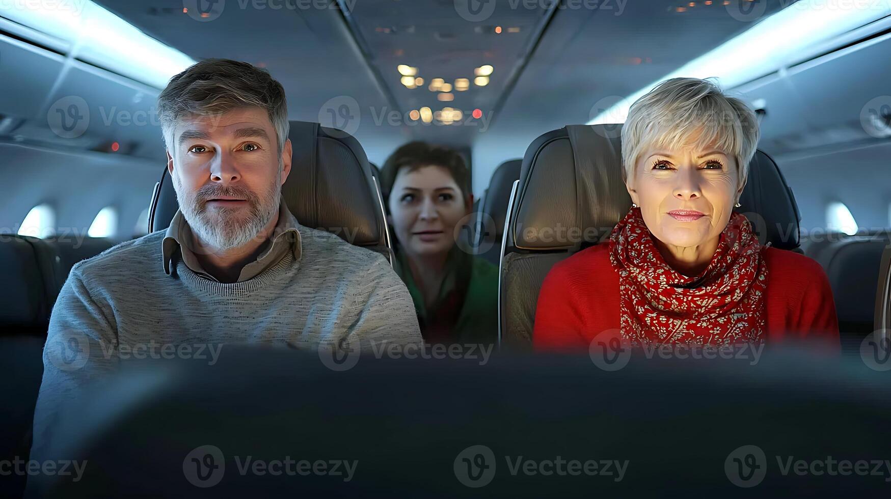 Three passengers on a flight, engaged in conversation while the cabin lights dim for takeoff photo