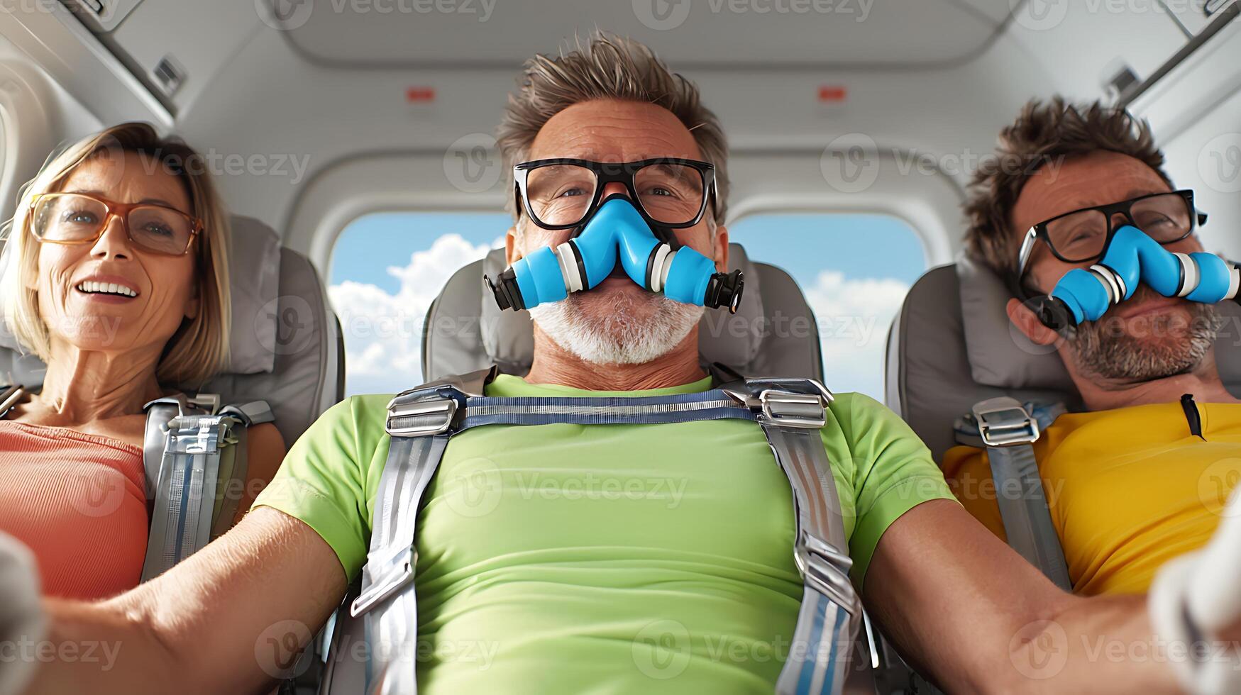 Three passengers wearing oxygen masks inside an aircraft cabin with clouds visible outside photo