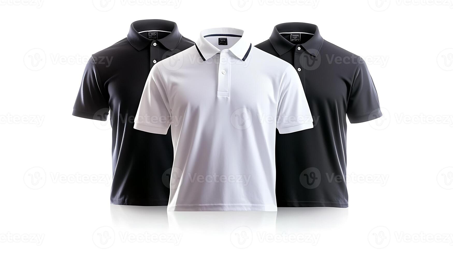 Three polo shirts in black, white, and gray displayed on a white background, emphasizing style photo