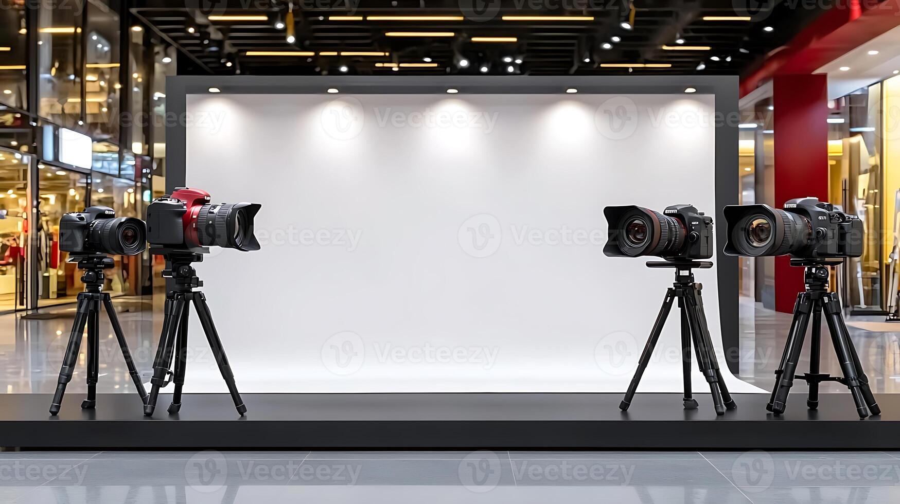 Three professional cameras on tripods set against a blank display backdrop in a modern retail space photo