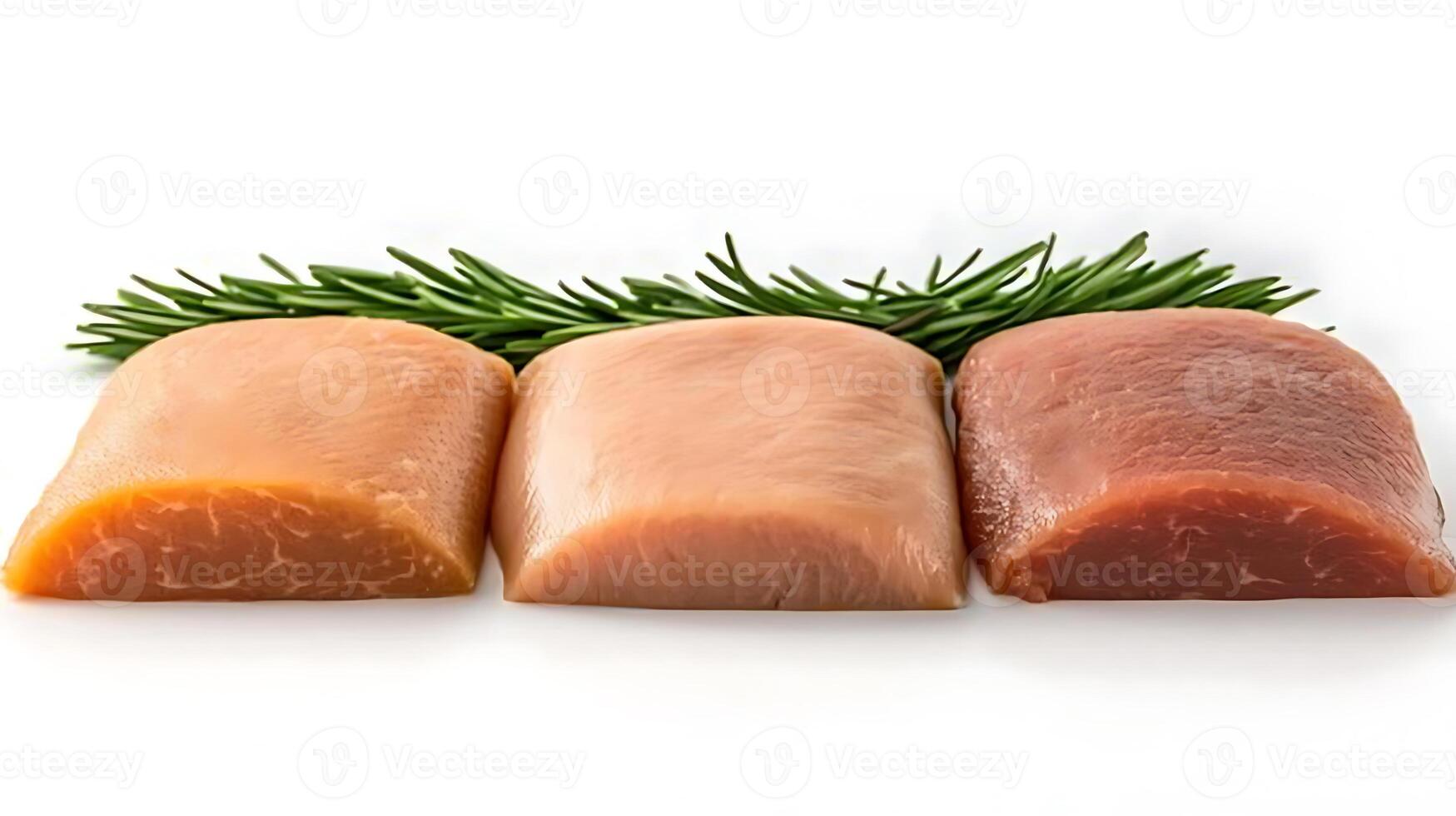 Three pieces of fresh fish fillet arranged neatly with green herbs on a clean white background photo