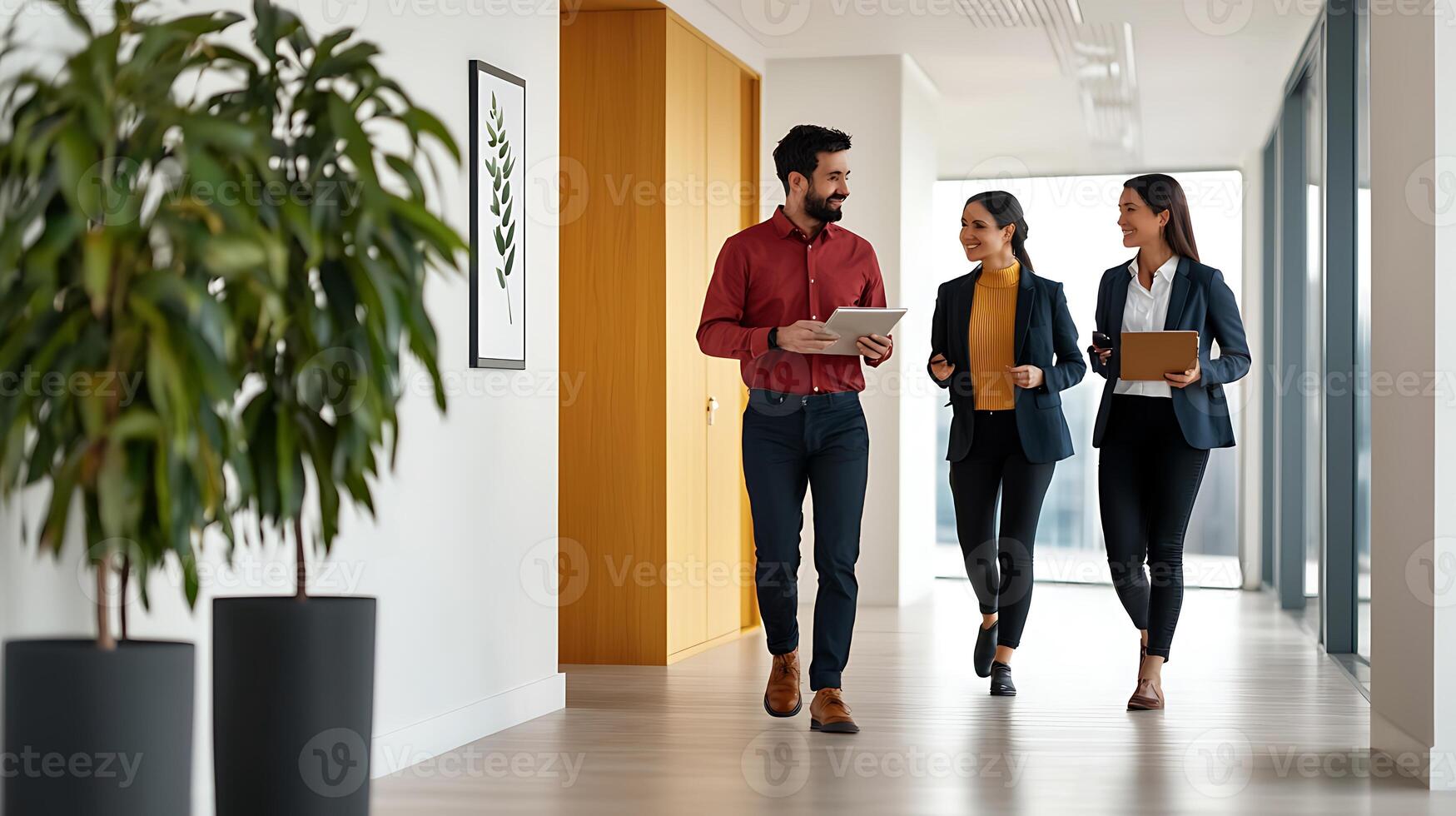 Three professionals walking together in a modern office corridor, discussing ideas and collaborating photo