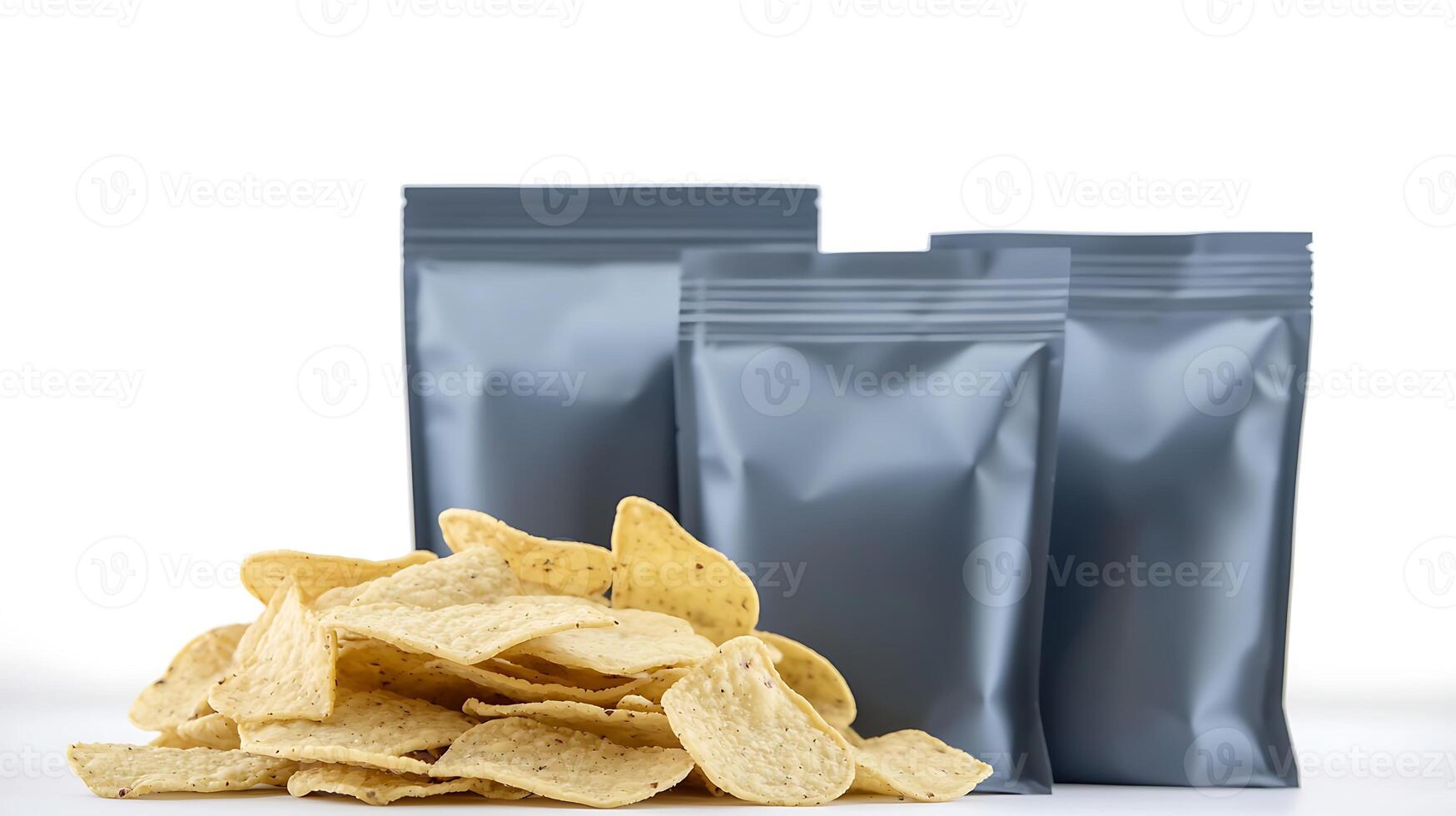 Three sealed gray snack bags with a pile of chips in front, minimalist background setting photo