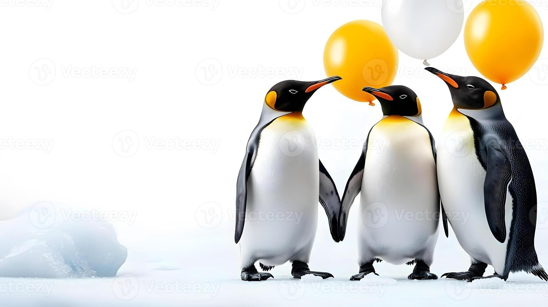Three playful penguins holding yellow and white balloons on a snowy landscape photo