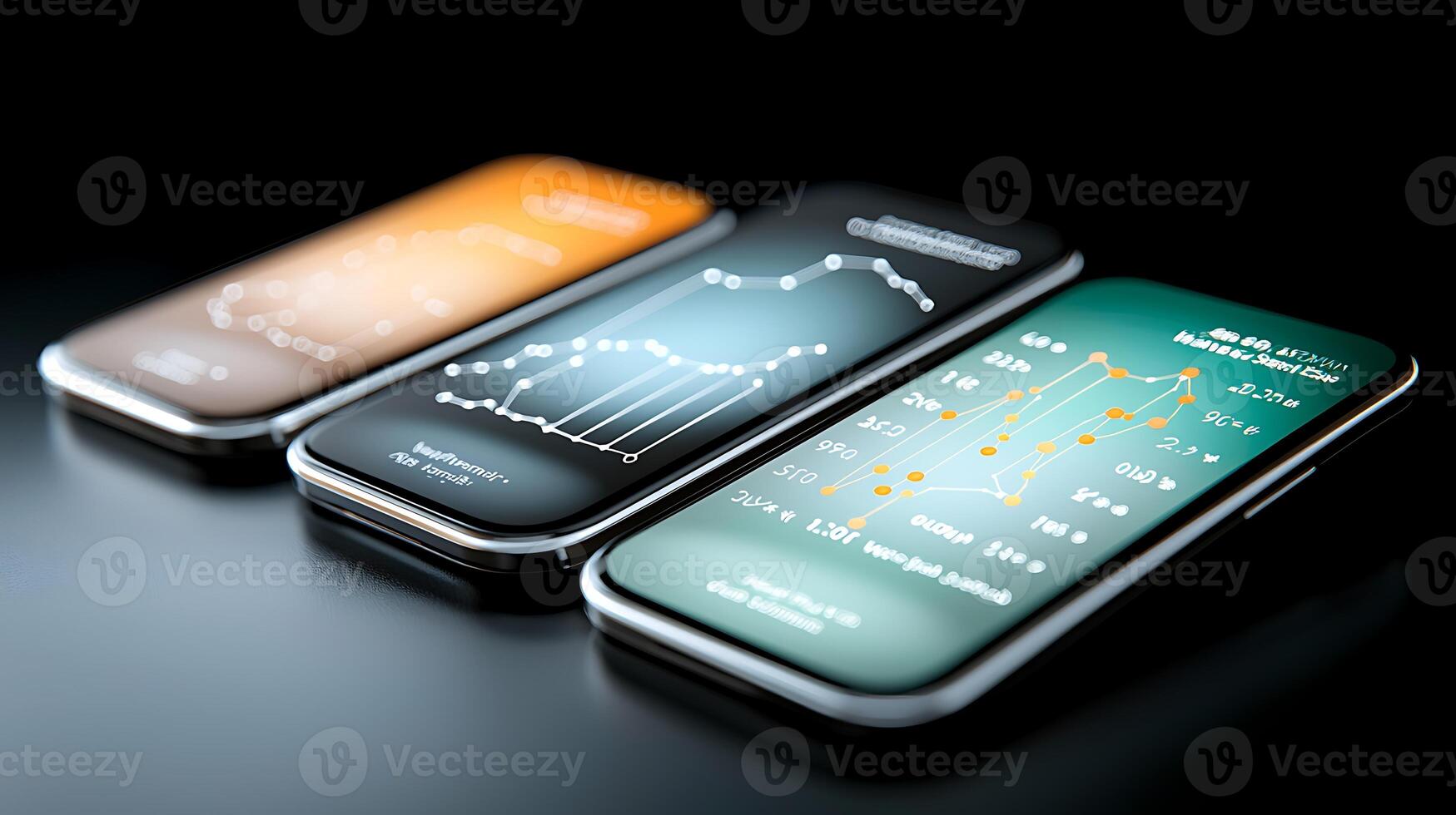 Three smartphones displaying financial data graphs on sleek surfaces in a dark setting photo