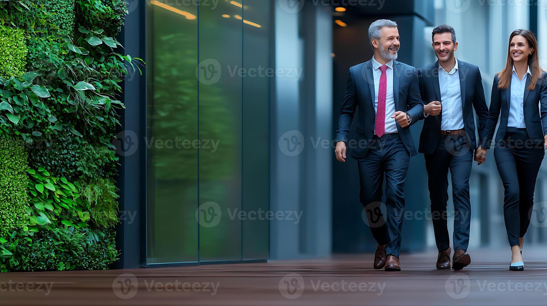 Three professionals walking together in a modern office corridor with greenery in the background photo