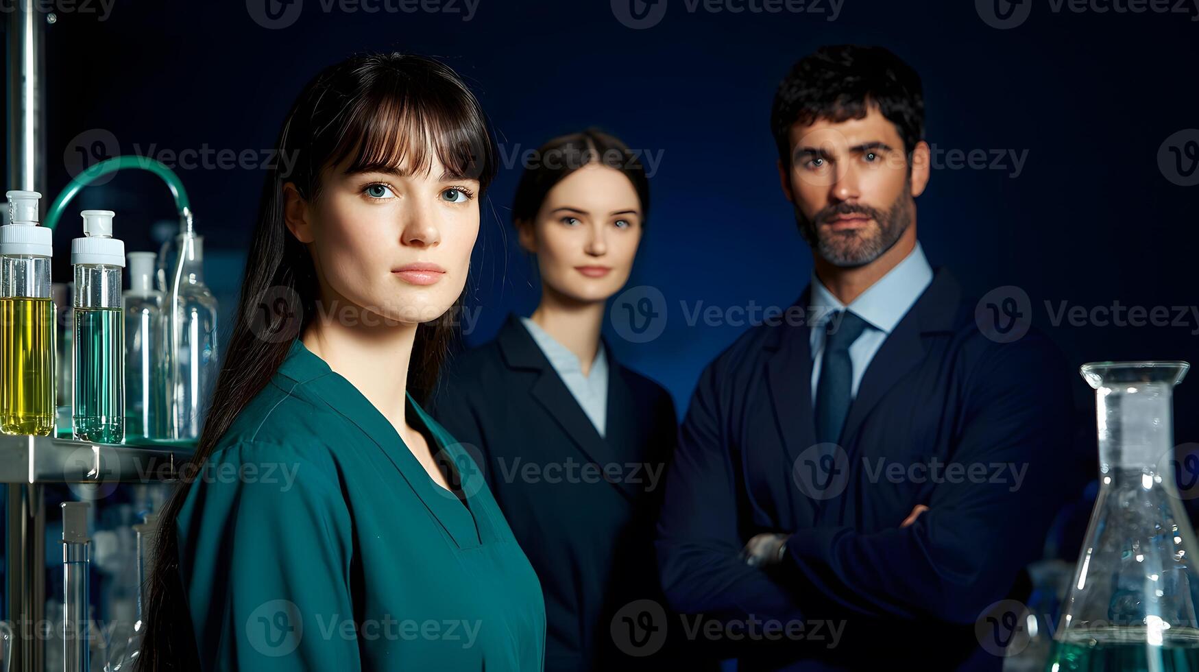 Three professionals in lab coats pose confidently in a modern laboratory filled with equipment photo