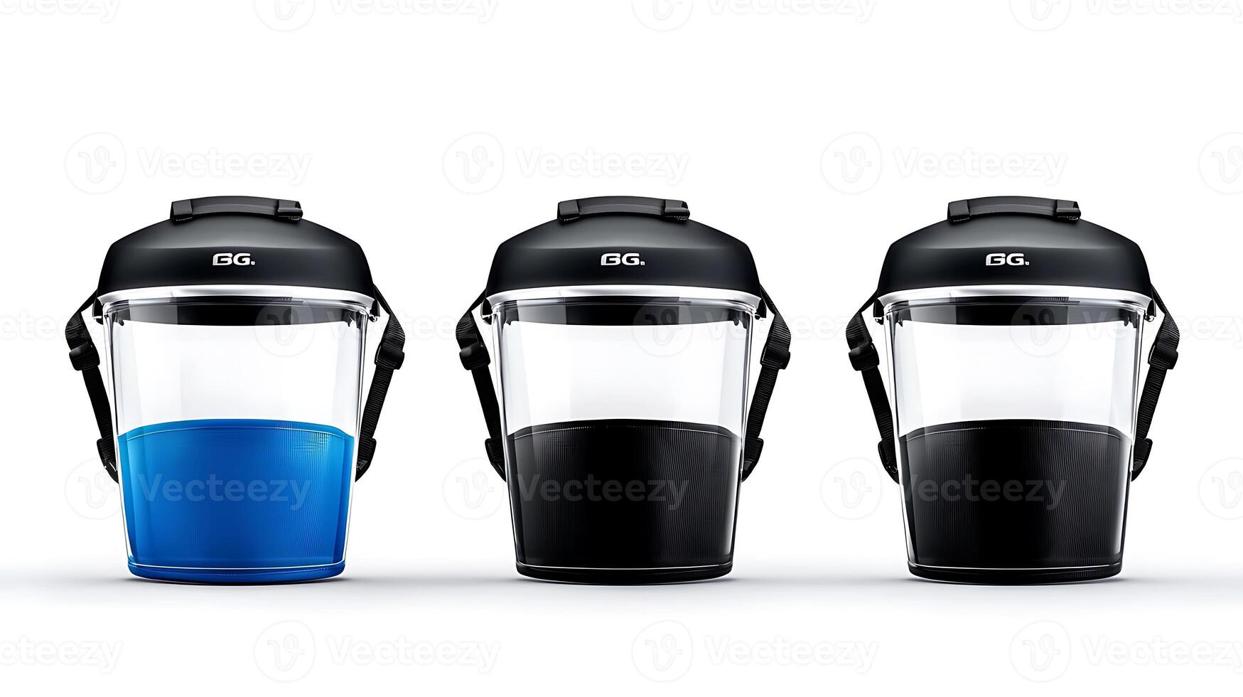 Three stylish containers showcasing vibrant blue, sleek black, and transparent designs, ideal for modern storage photo