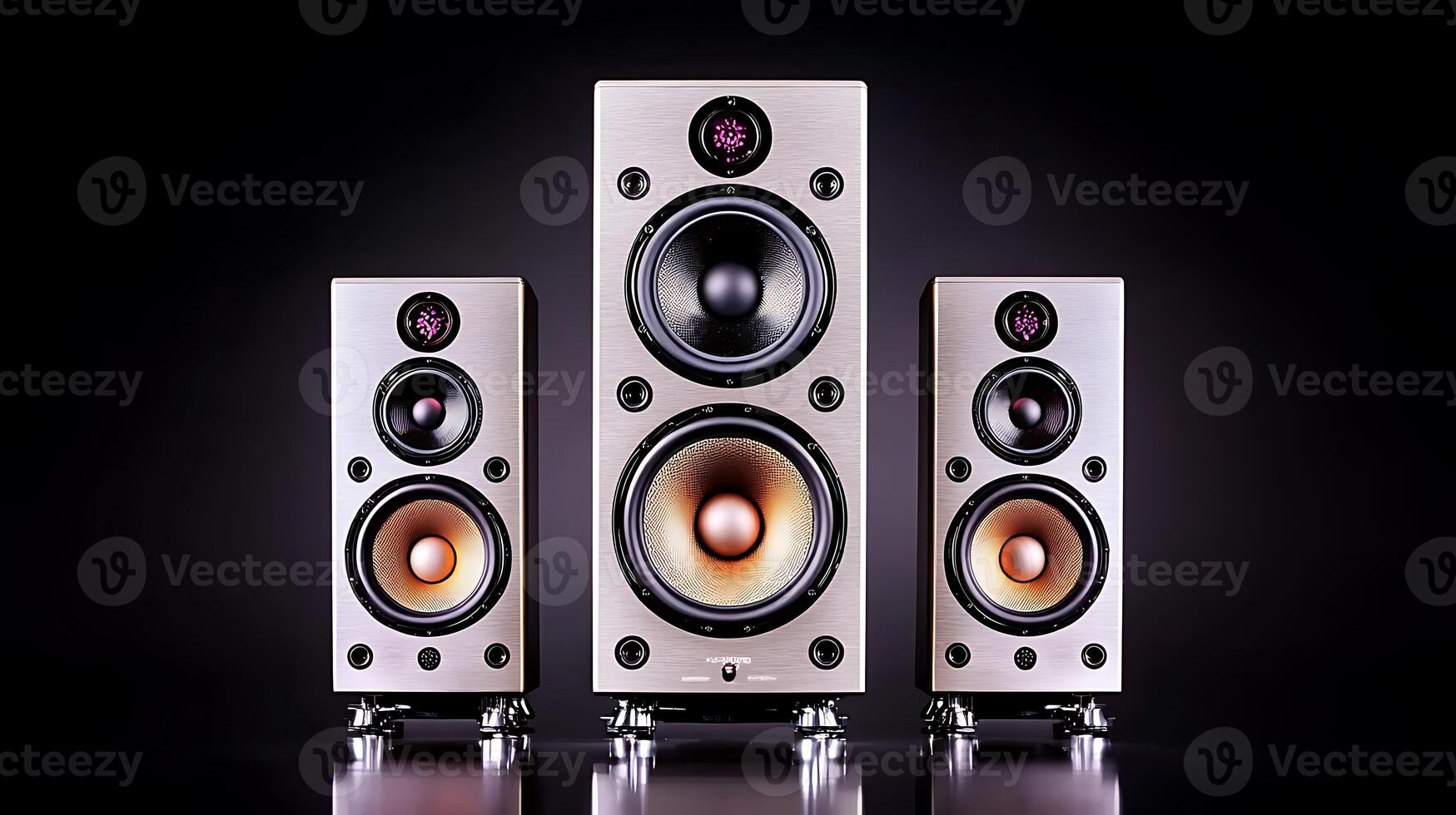 Three stylish audio speakers arranged symmetrically against a dark backdrop, showcasing design photo