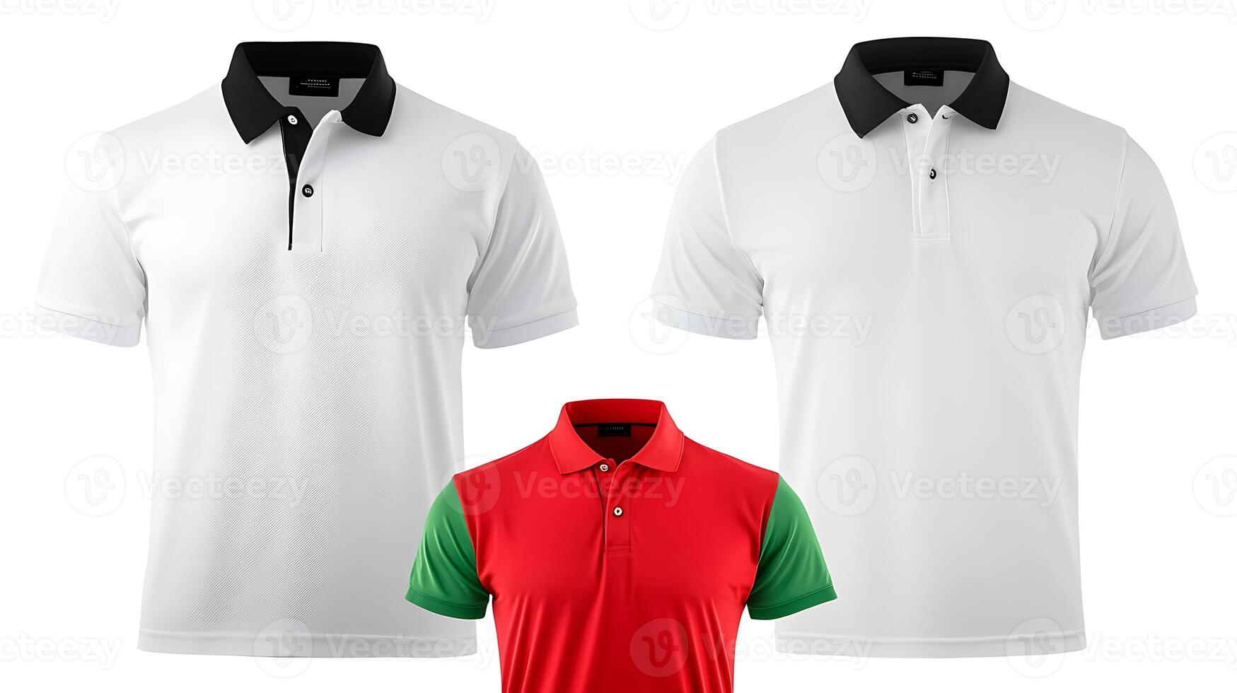 Three stylish polo shirts in white, black, and red with green accents displayed on a neutral background photo
