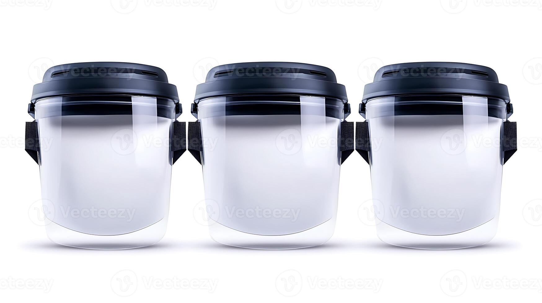 Three transparent safety face shields arranged in a row, showcasing their design and utility photo