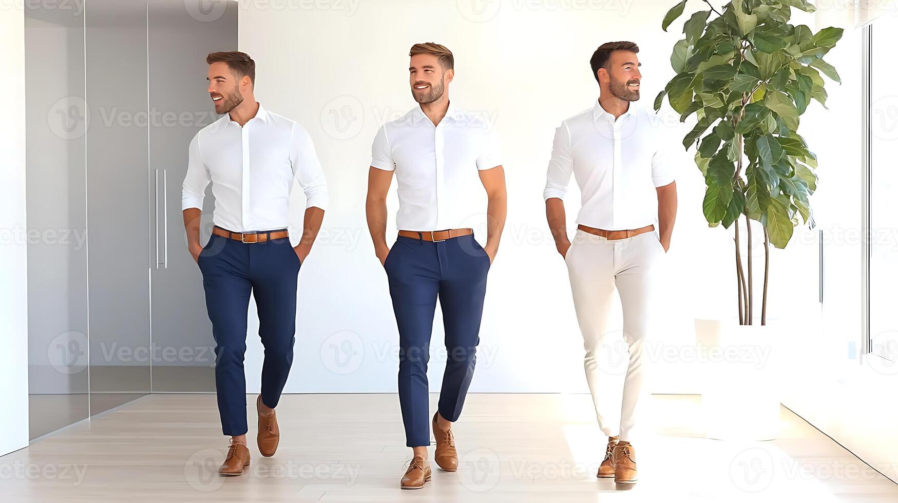 Three stylish men in modern office attire walking confidently in a bright, minimalist space photo
