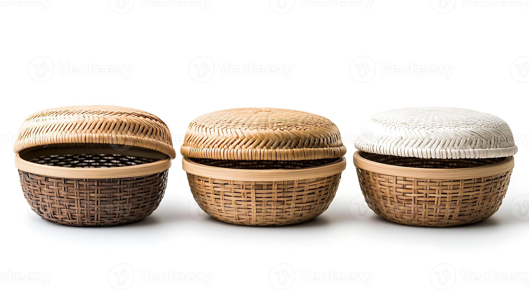 Three uniquely designed woven baskets with lids displayed on a clean white background photo
