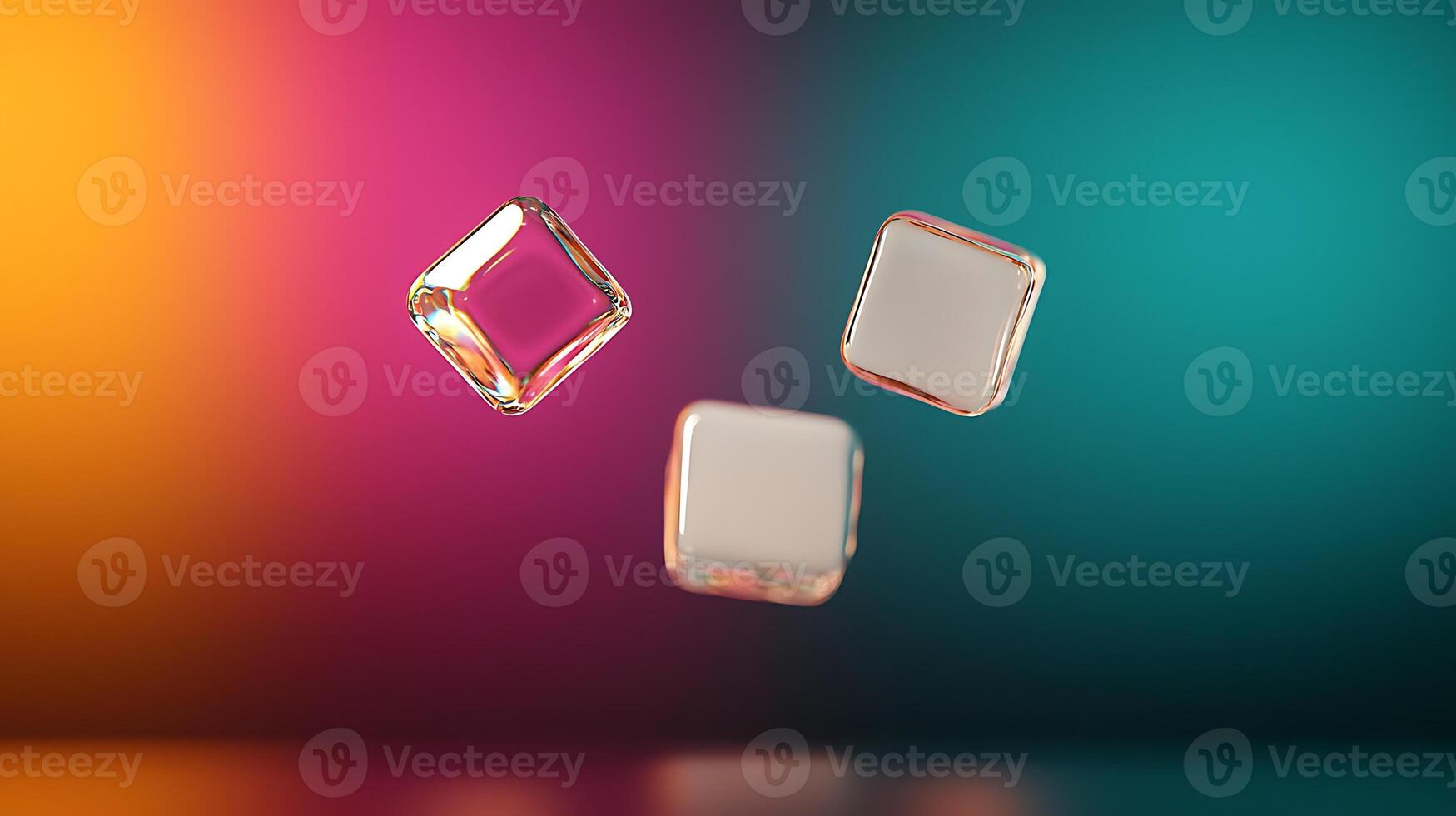 Three transparent ice cubes suspended in mid-air against a vibrant gradient background photo