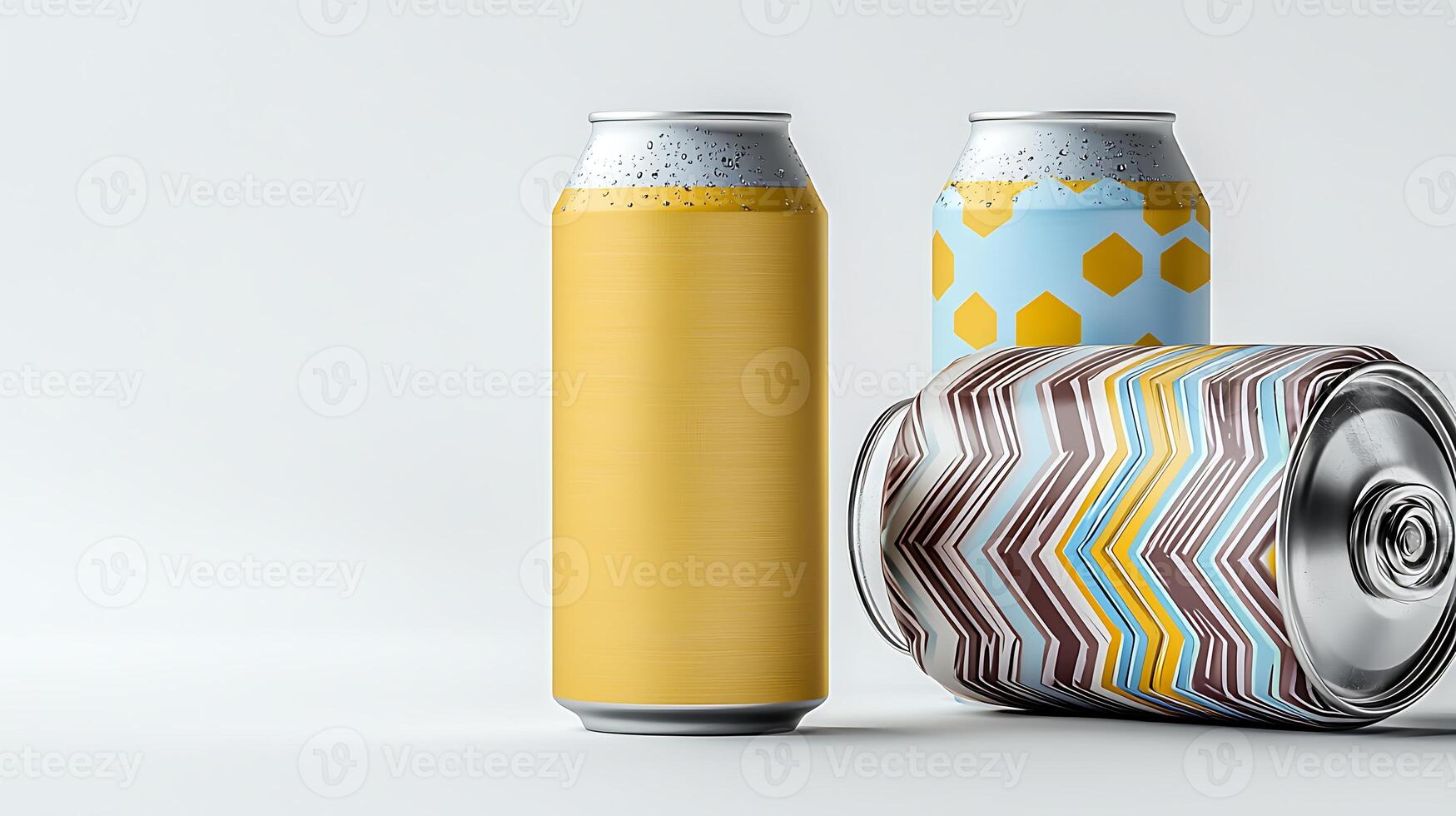 Three uniquely designed beverage cans arranged artistically on a clean, minimalistic background photo