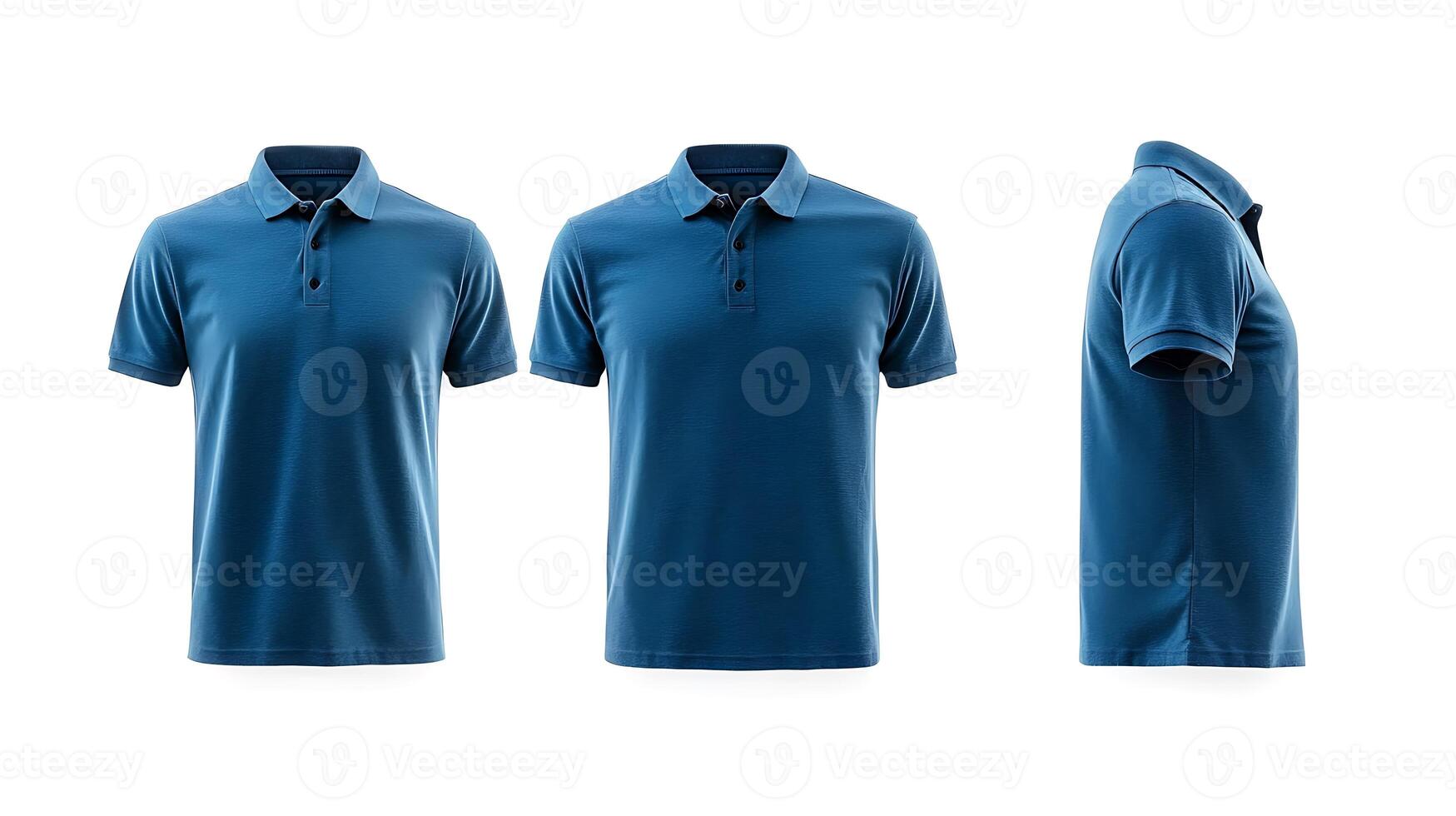 Three views of a blue polo shirt displayed on a white background for clothing showcase photo