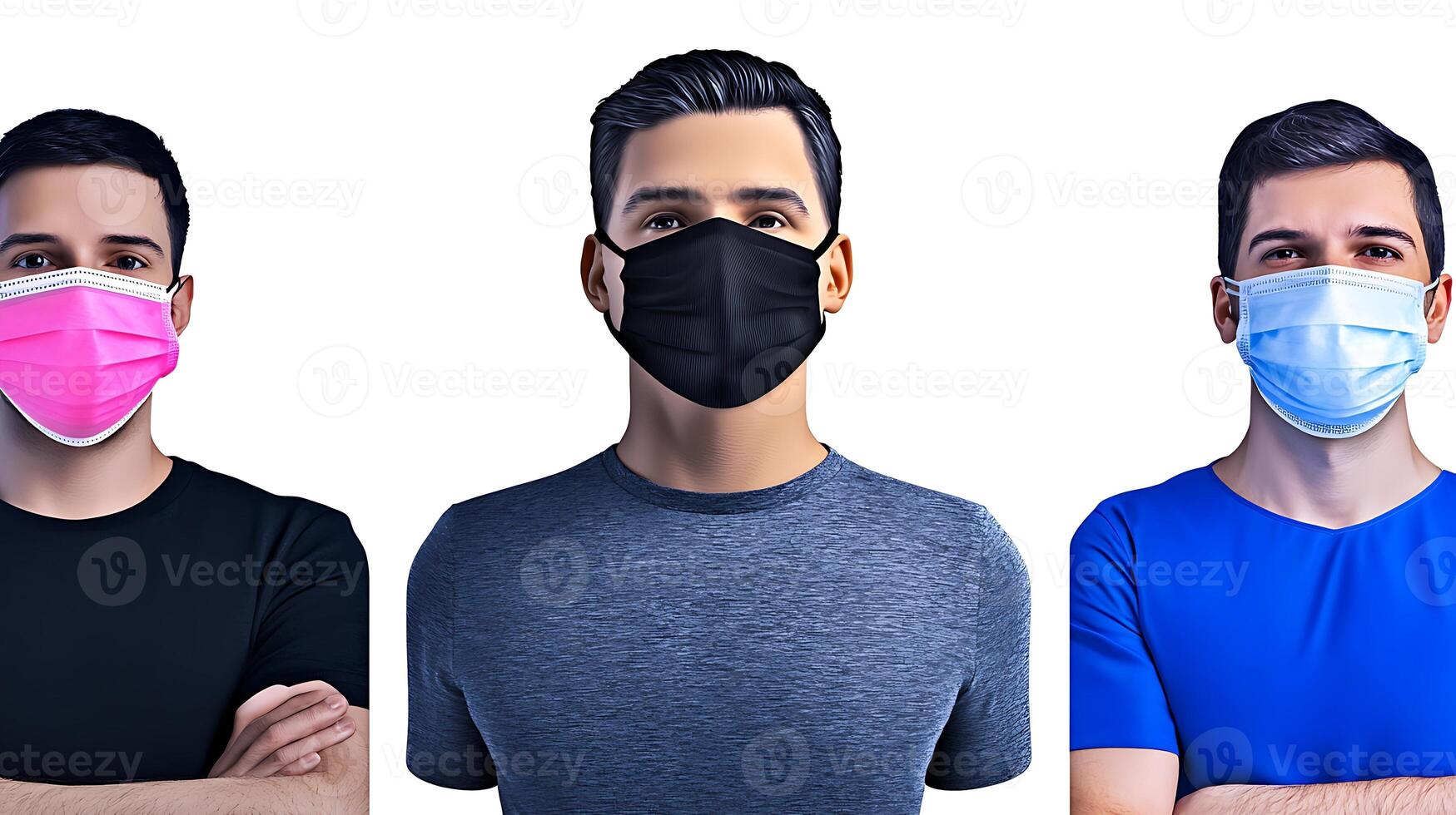 Three young men wearing different colored masks, standing with arms crossed, on a plain background photo