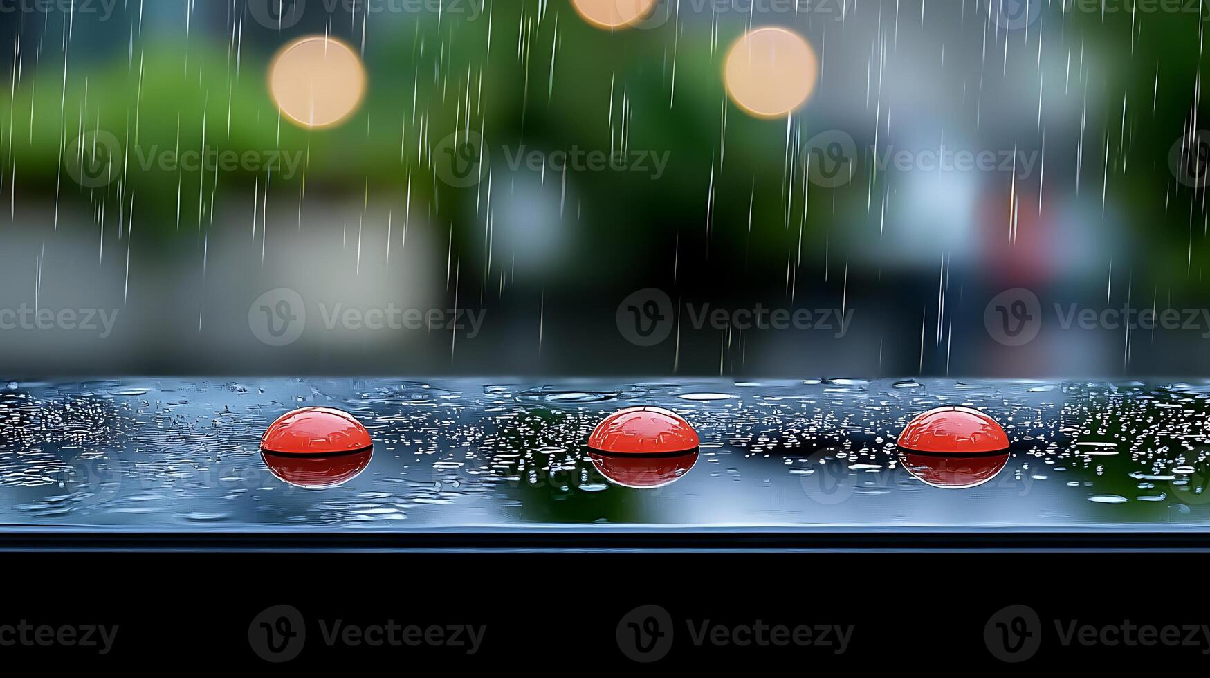 Three vibrant red objects resting on a wet surface during a rainstorm with blurred greenery photo