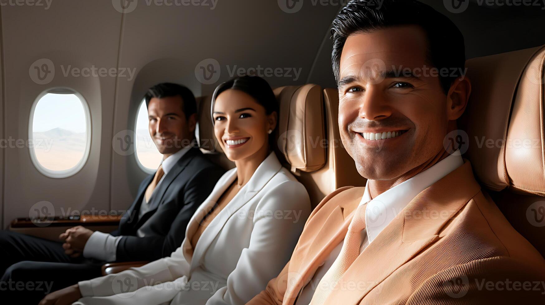 Three well-dressed individuals enjoying a flight, smiling, with scenic views outside windows photo