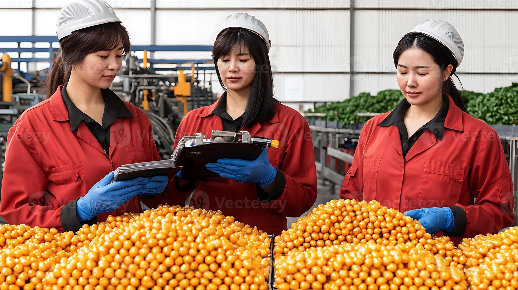 Three women in red uniforms inspecting orange fruits in a warehouse with green vegetables in background photo