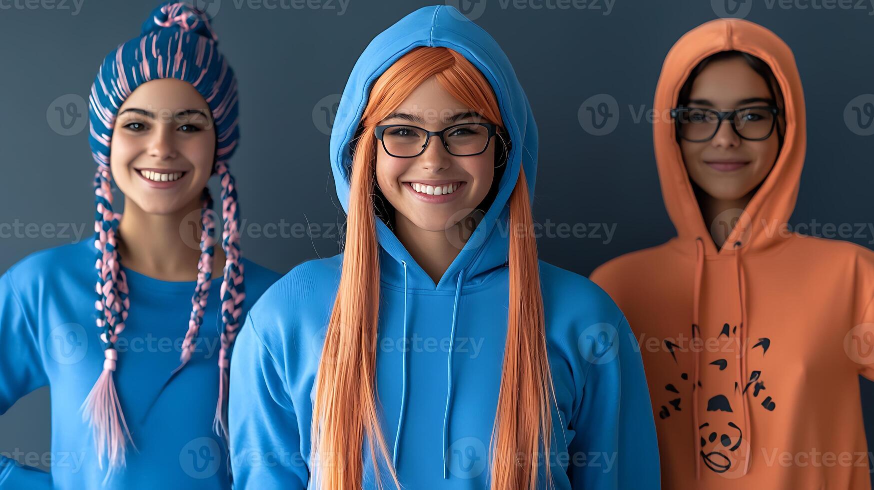 Three young women wearing colorful hoodies and accessories, smiling against a gray background photo