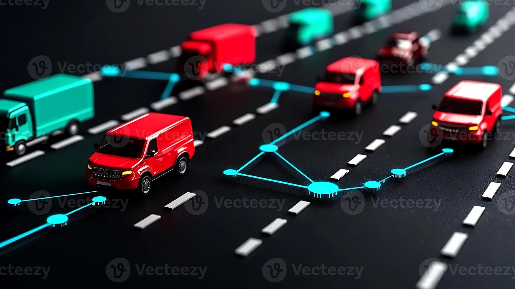 Toy vehicles navigating a futuristic road network with digital connections and traffic flow photo