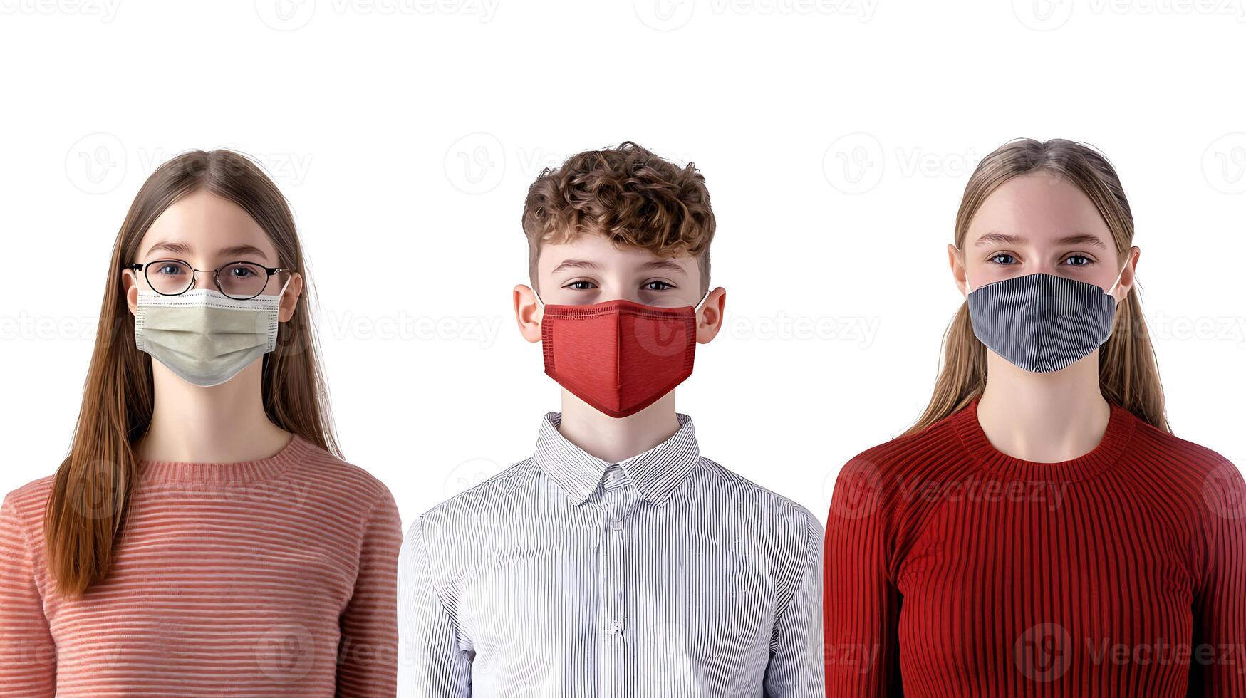 Three young individuals wearing masks in a bright, neutral setting, emphasizing health awareness photo