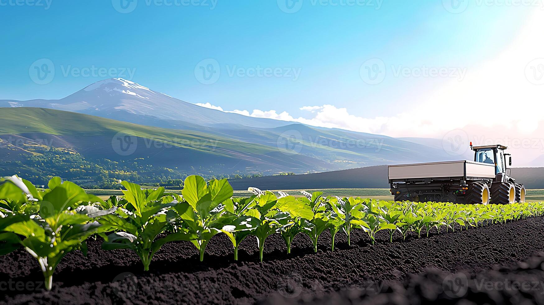 Tractor cultivating a lush green field with mountains in the background under a clear sky photo
