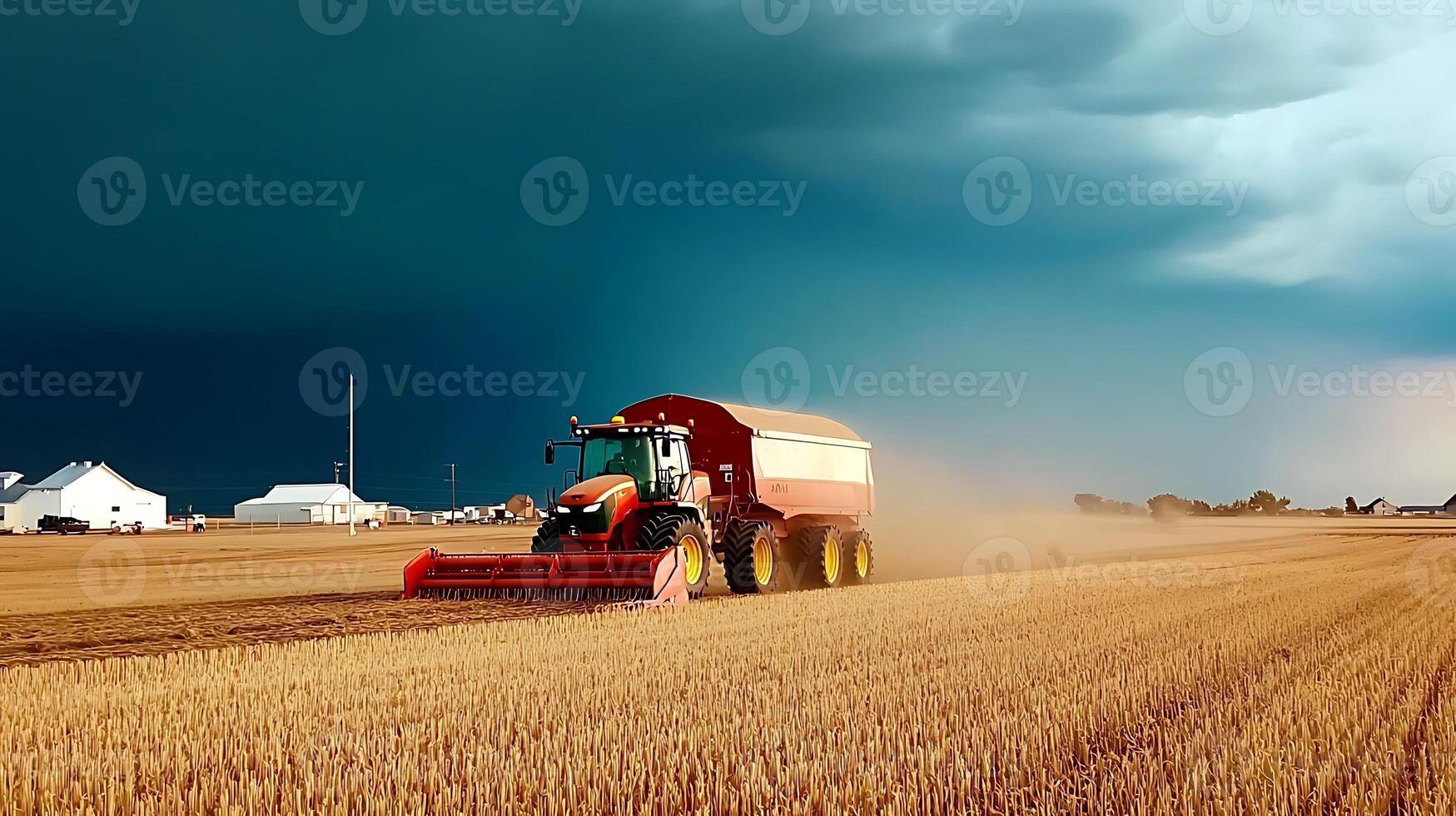 Tractor harvesting wheat in a vast field under a dramatic stormy sky with distant farmhouses photo