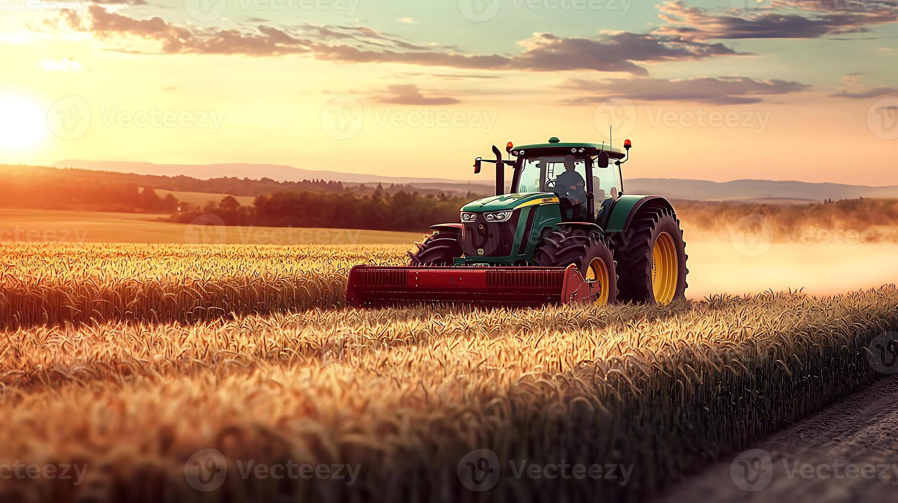 Tractor harvesting wheat at sunset in a vast field with distant hills and golden light photo