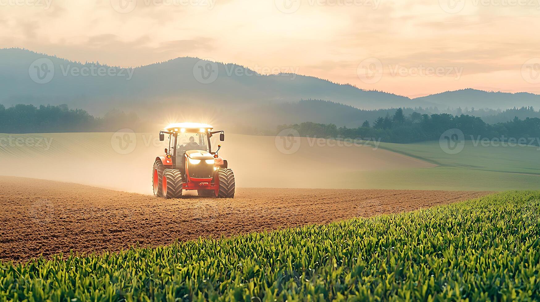 Tractor plowing a field at sunset, with mountains in the background and dust rising photo