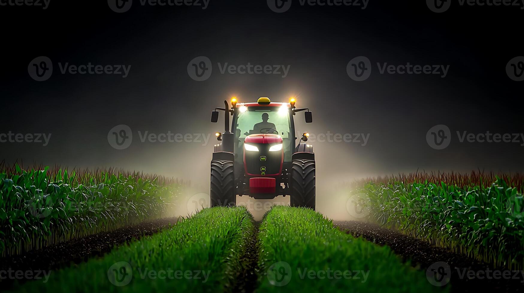 Tractor working in a foggy cornfield at dusk, showcasing agricultural activity and technology photo