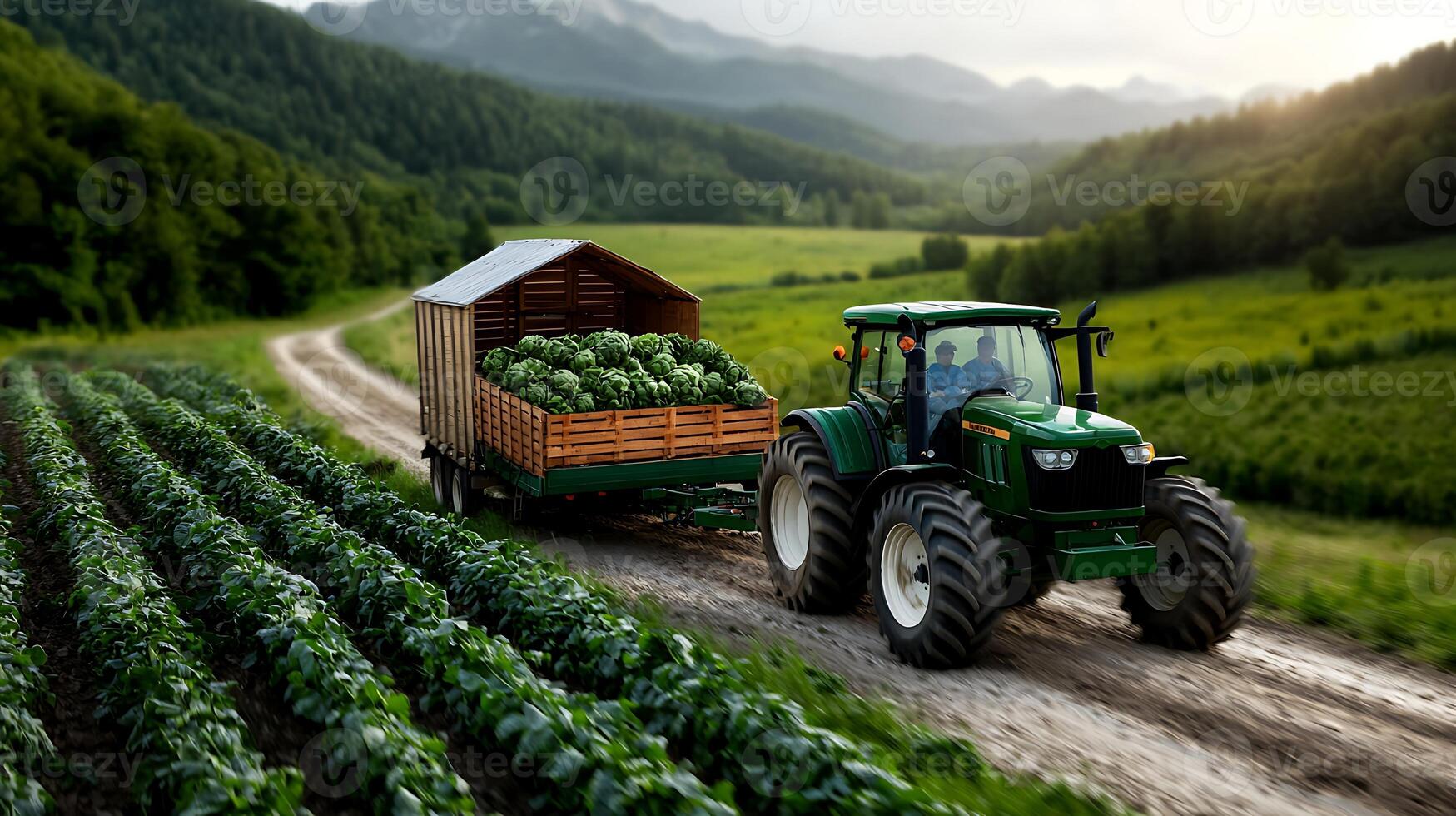 Tractor transporting freshly harvested vegetables along a scenic rural road at sunset photo