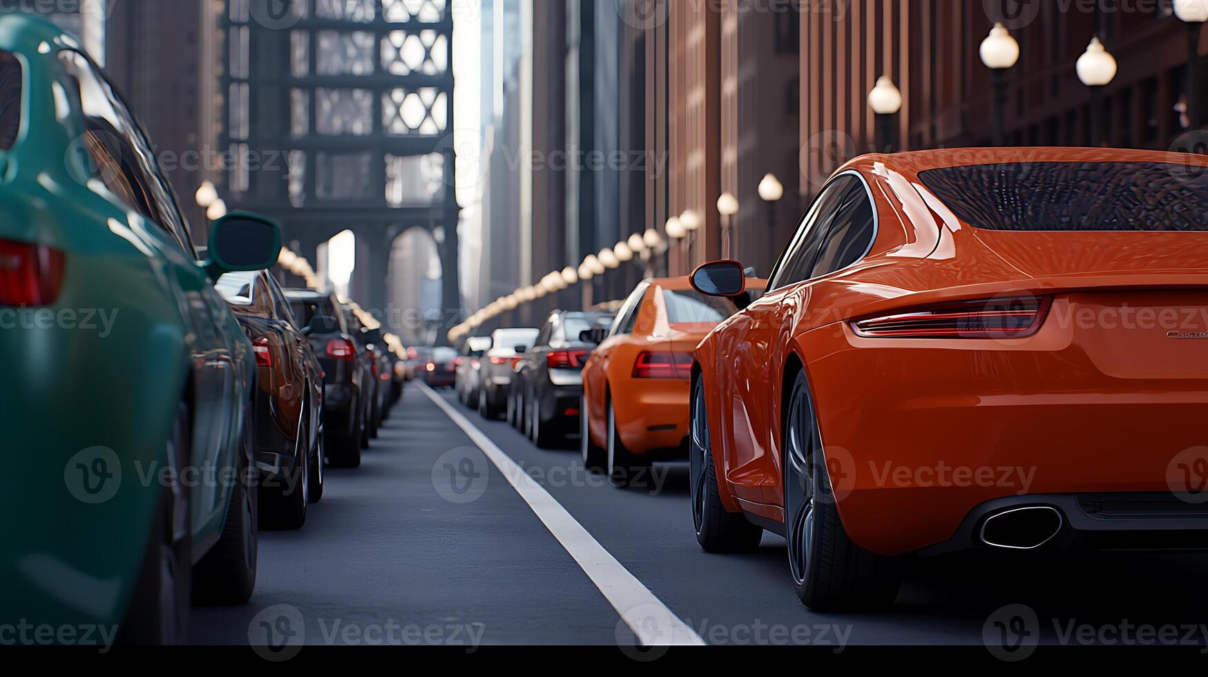 Traffic jam on a city street with vibrant orange cars and tall buildings in the background photo