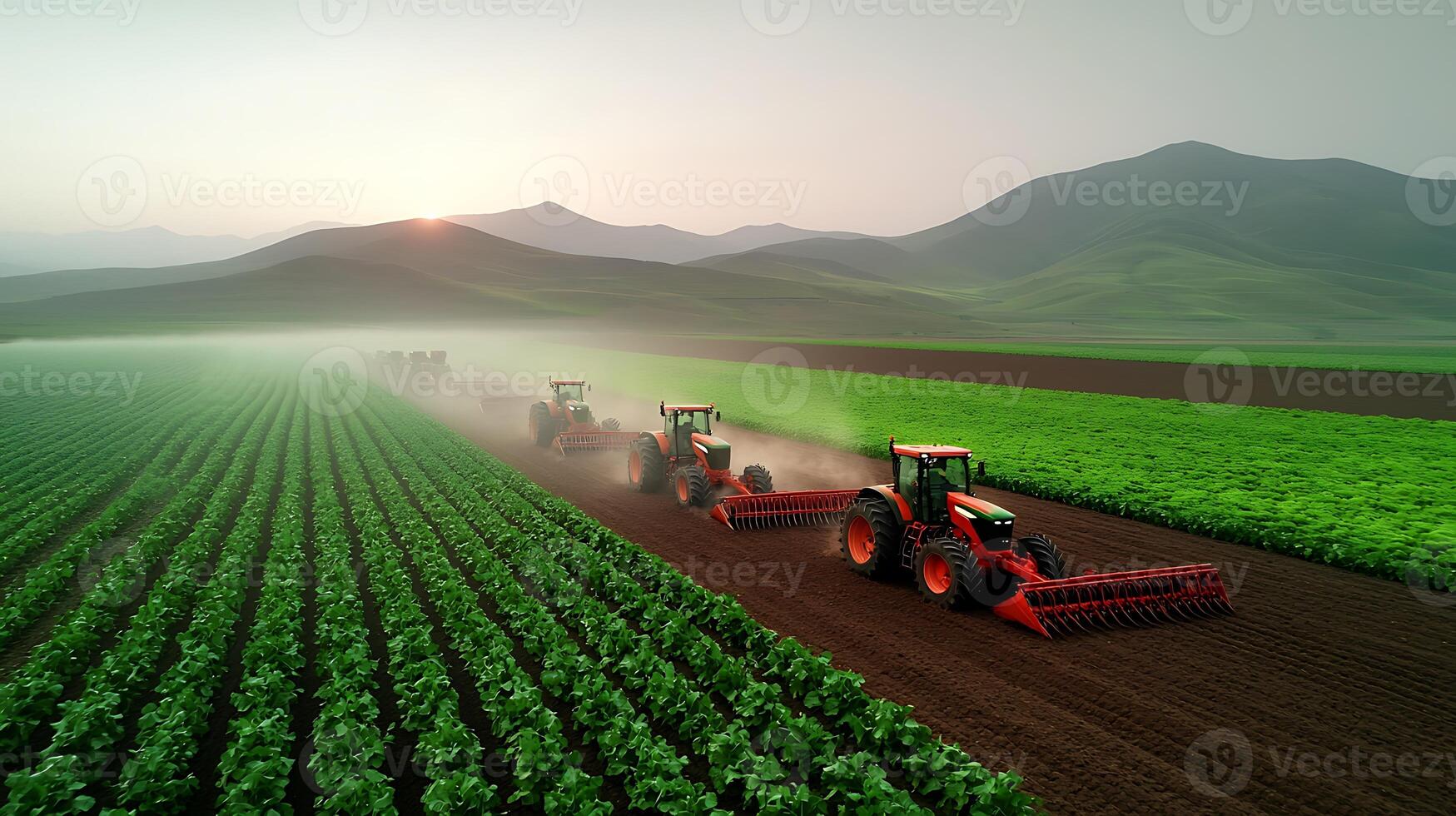 Tractors plowing a lush green field at sunset, with mountains in the background creating a serene landscape photo