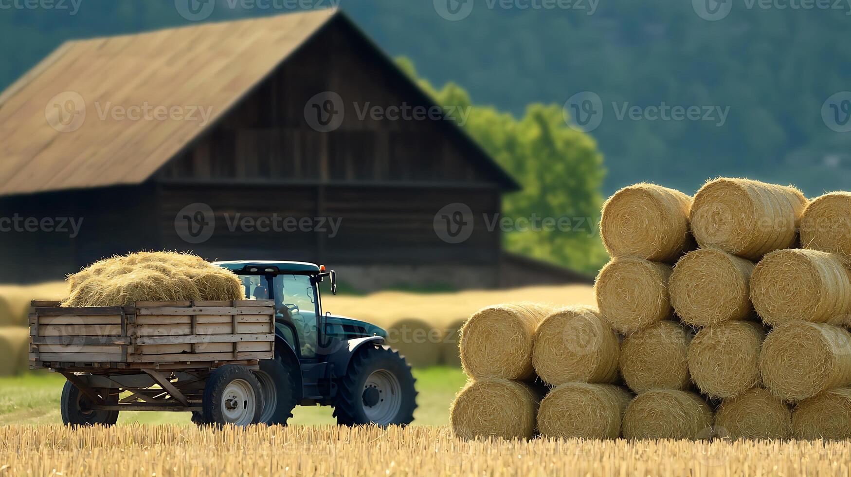 Tractor transporting hay bales near a rustic barn in a lush green landscape photo