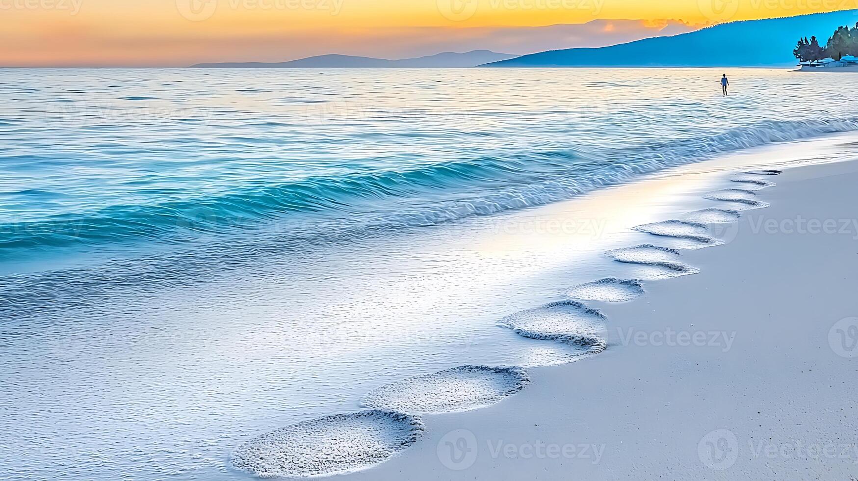 Tranquil beach at sunset with gentle waves lapping the shore and a solitary figure in the distance photo