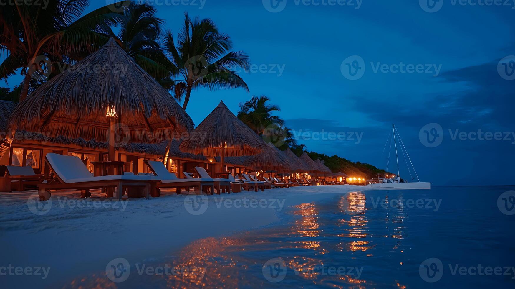 Tranquil beach scene at twilight with thatched huts, illuminated lounge chairs, and calm waters photo