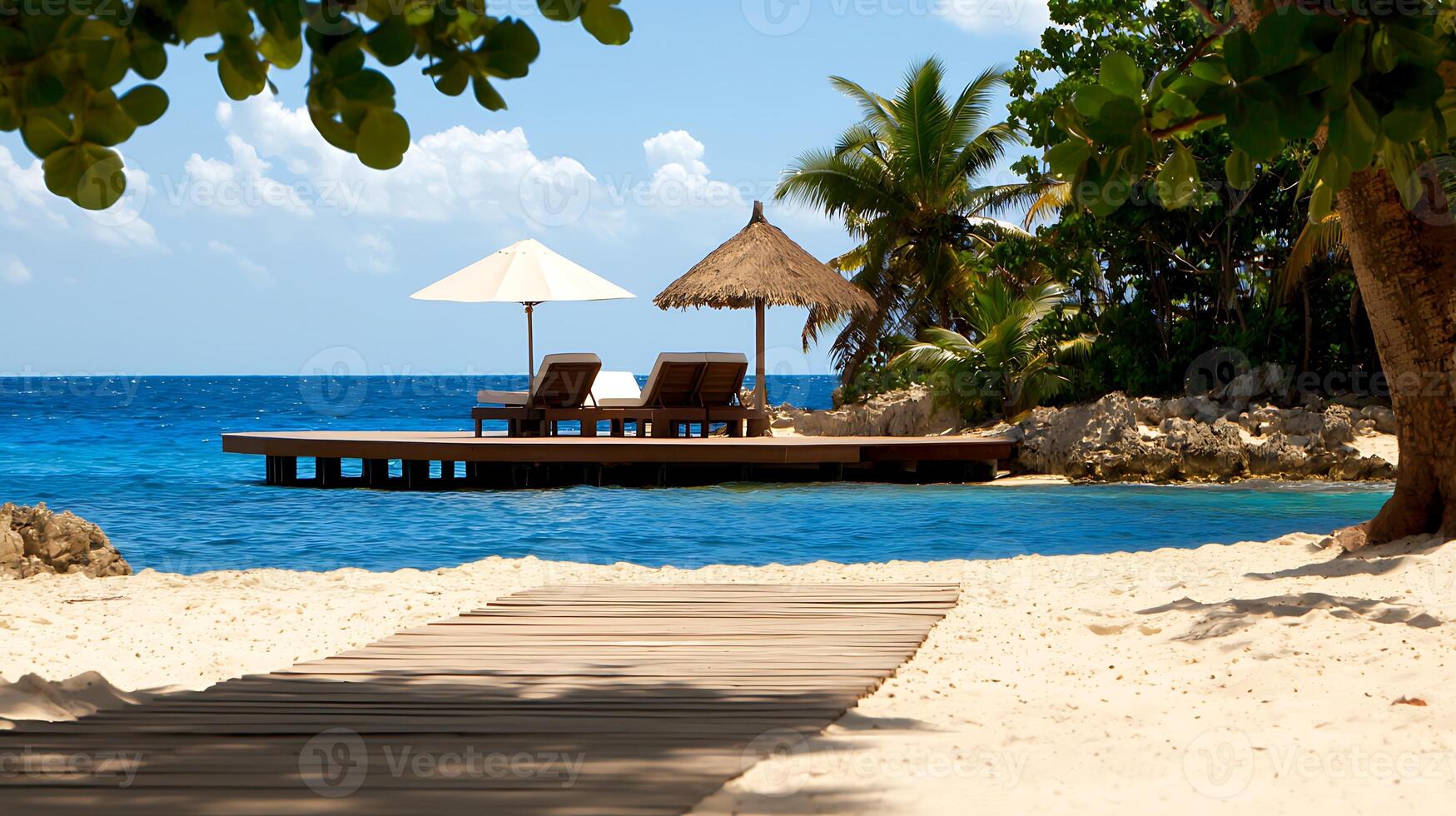 Tranquil beach scene with lounge chairs under umbrellas on a wooden deck by the ocean photo