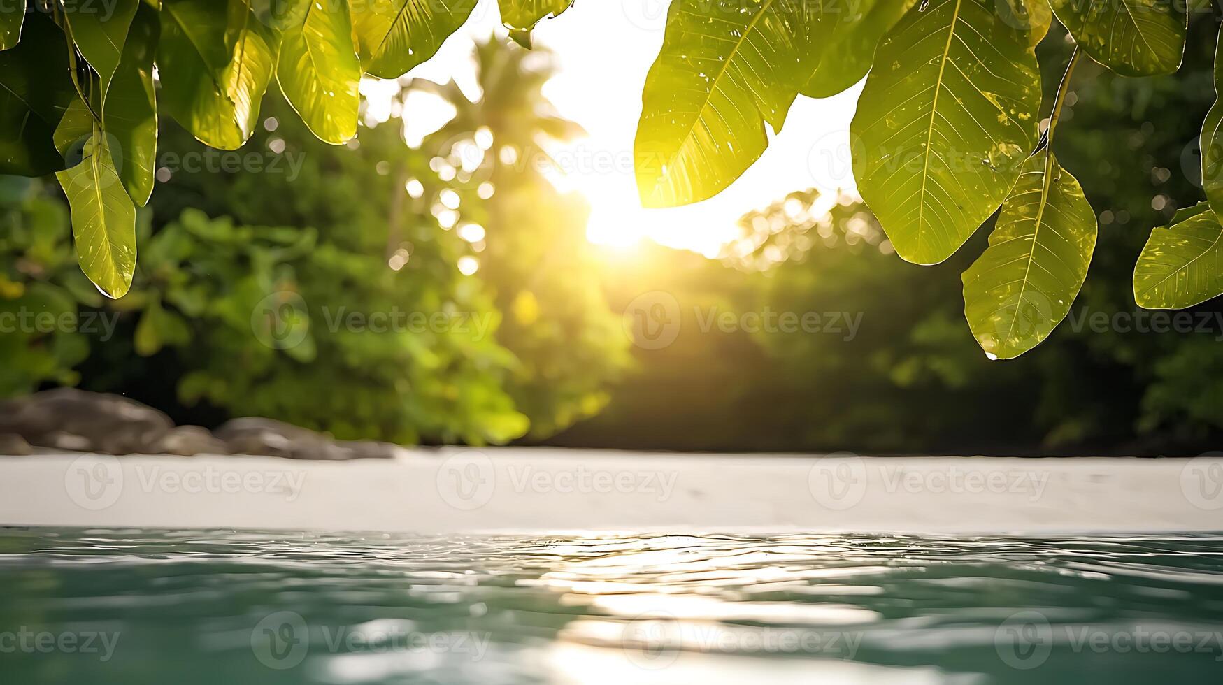 Tranquil beach scene with sunlight filtering through lush green leaves and calm water photo