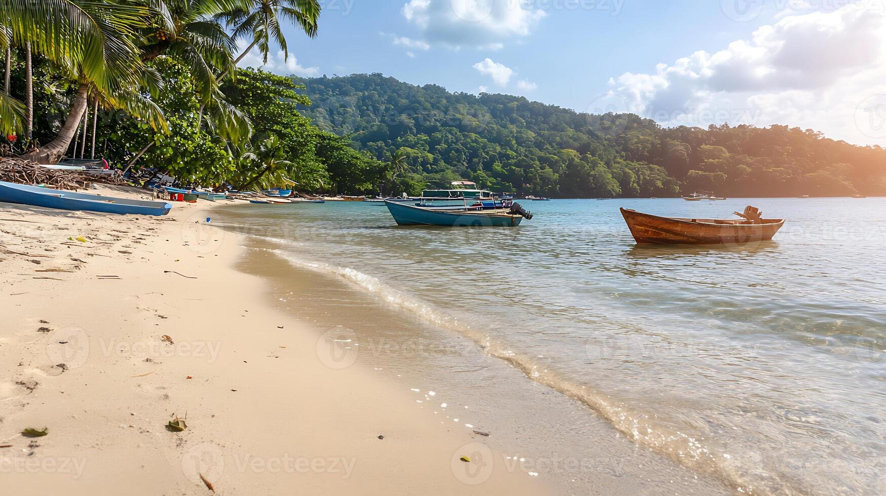 Tranquil beach scene with boats anchored near shore, surrounded by lush greenery and gentle waves photo