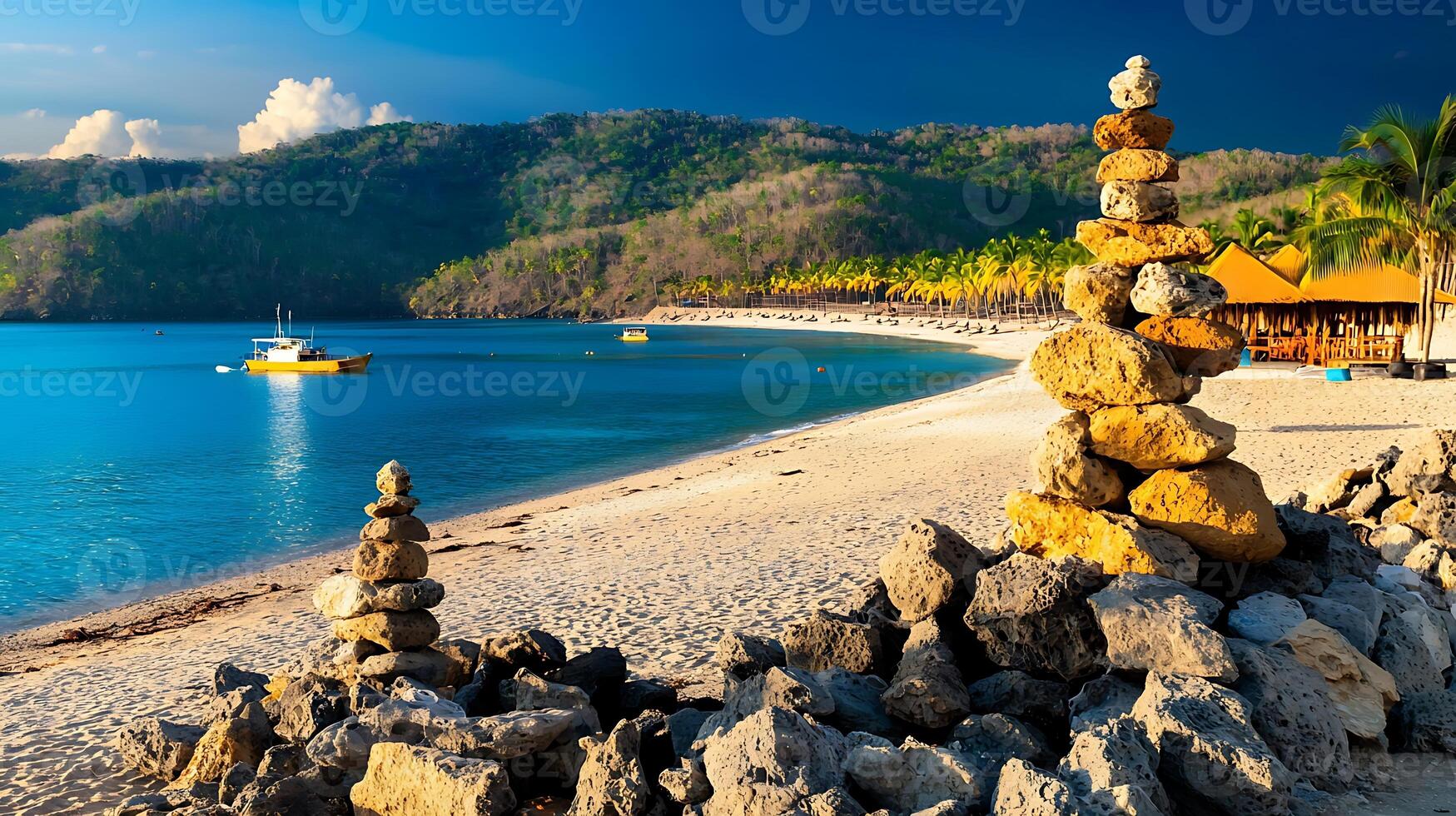 Tranquil beach scene with stacked stones and a boat under a vibrant sky at sunset photo