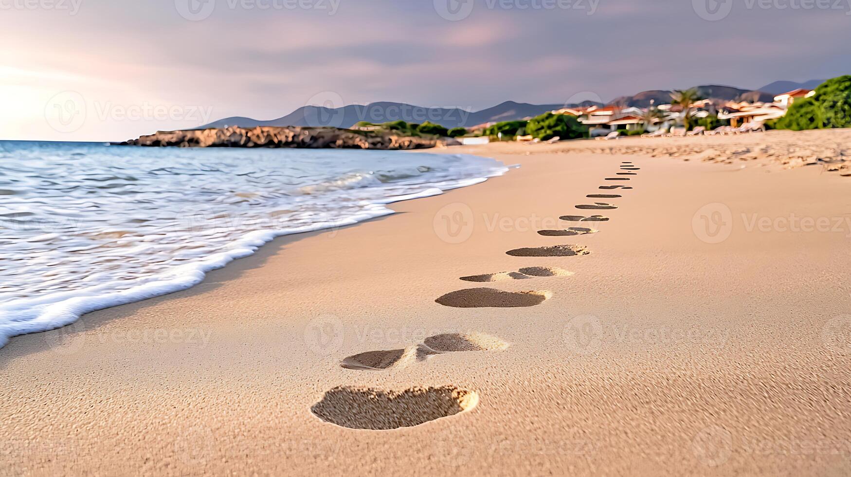 Tranquil beach scene with footprints leading towards the ocean, mountains in the background photo