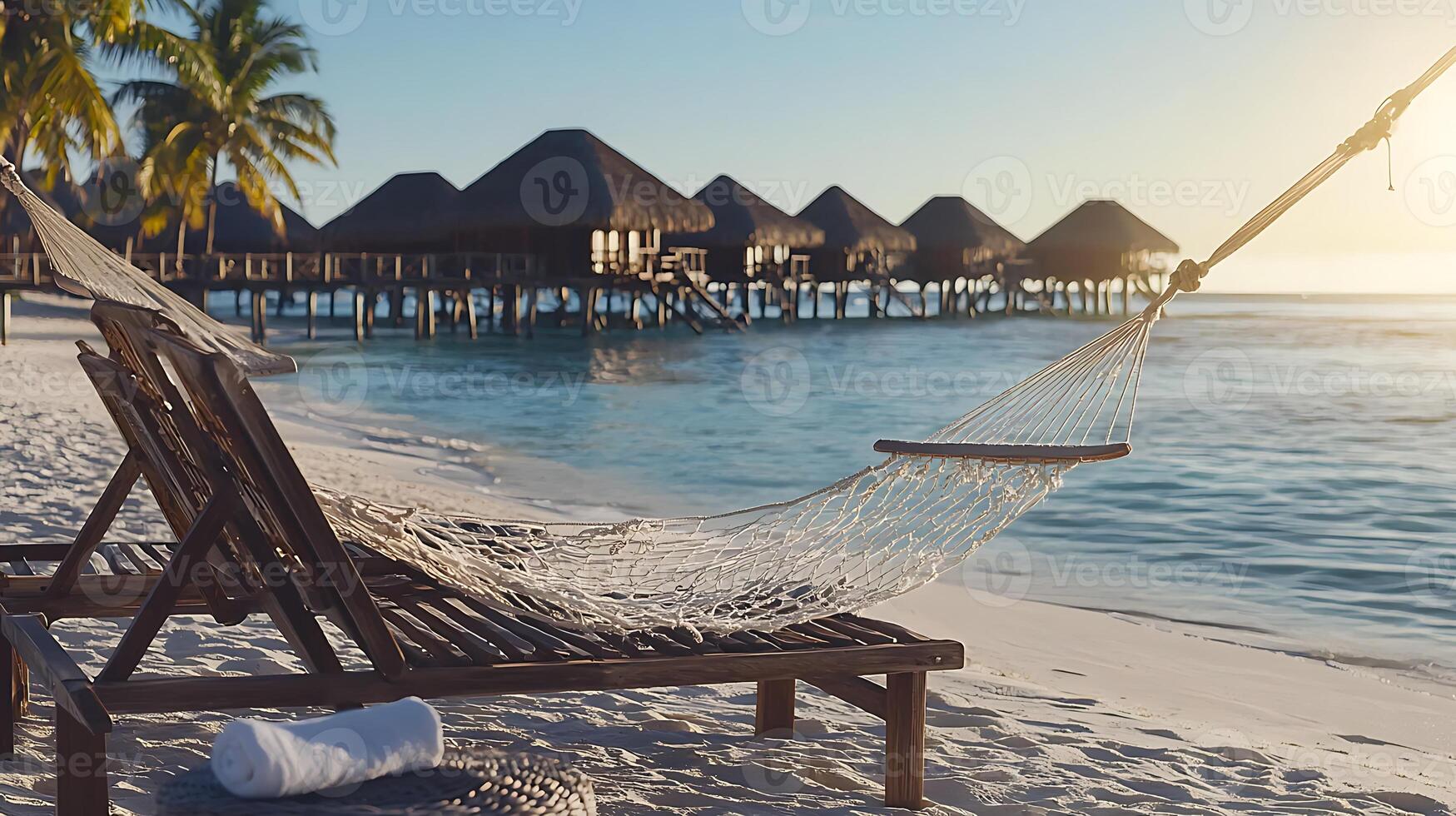 Tranquil beach scene with a hammock, palm trees, and overwater bungalows at sunset photo