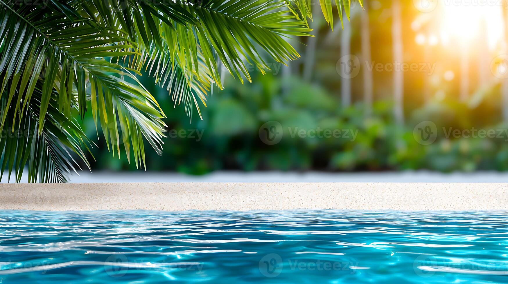 Tranquil beach scene with palm leaves framing clear water under a glowing sunset backdrop photo
