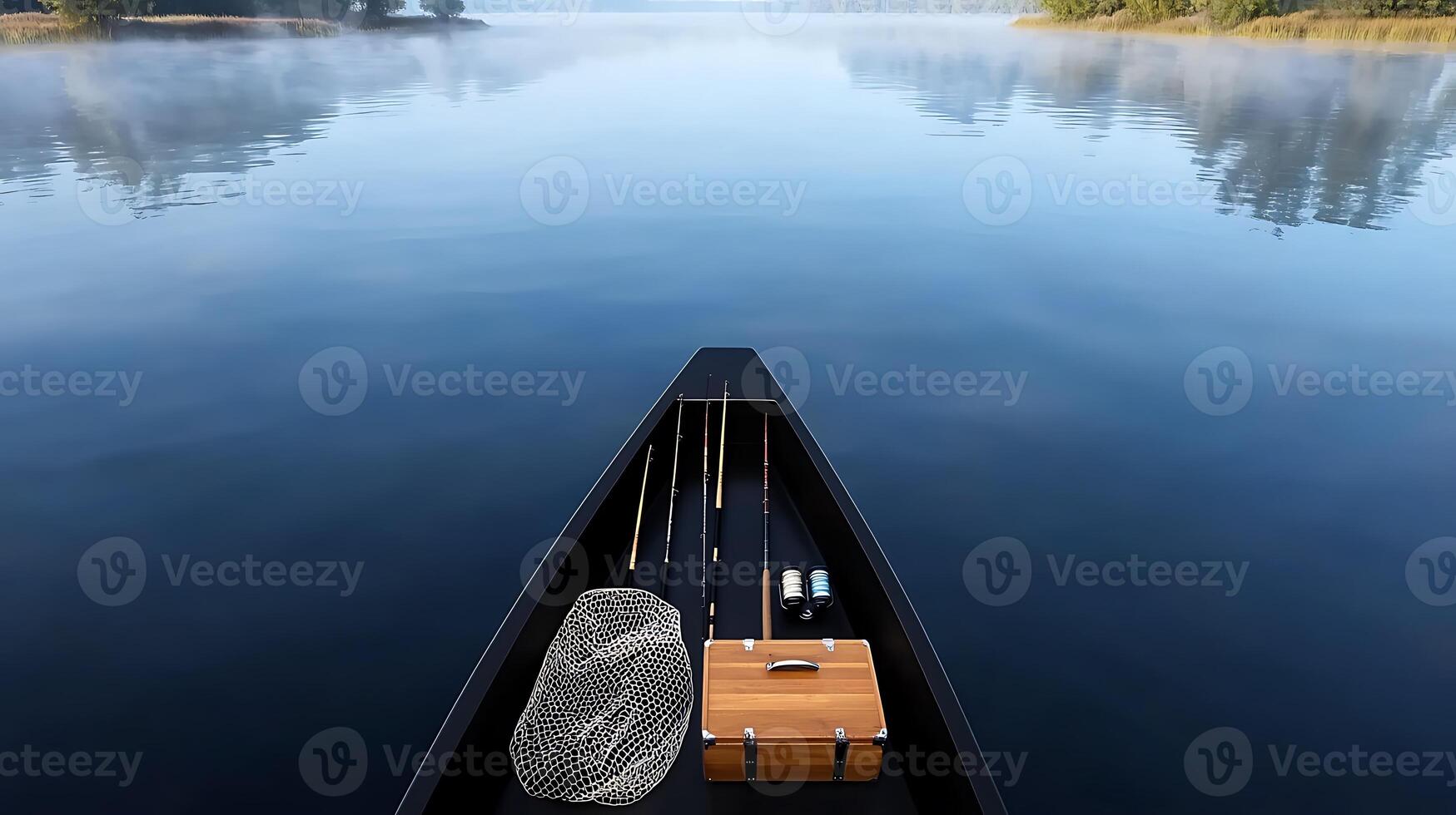 Tranquil early morning fishing scene on a calm lake with gear ready for use photo