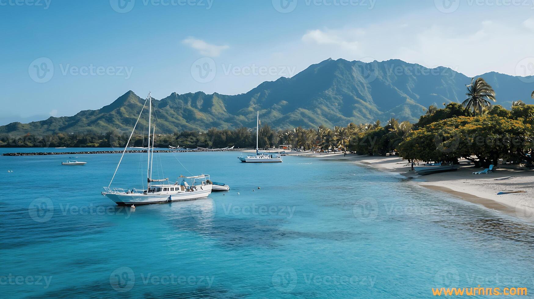 Tranquil coastal scene with sailboats anchored near a tropical beach and mountains in the background photo