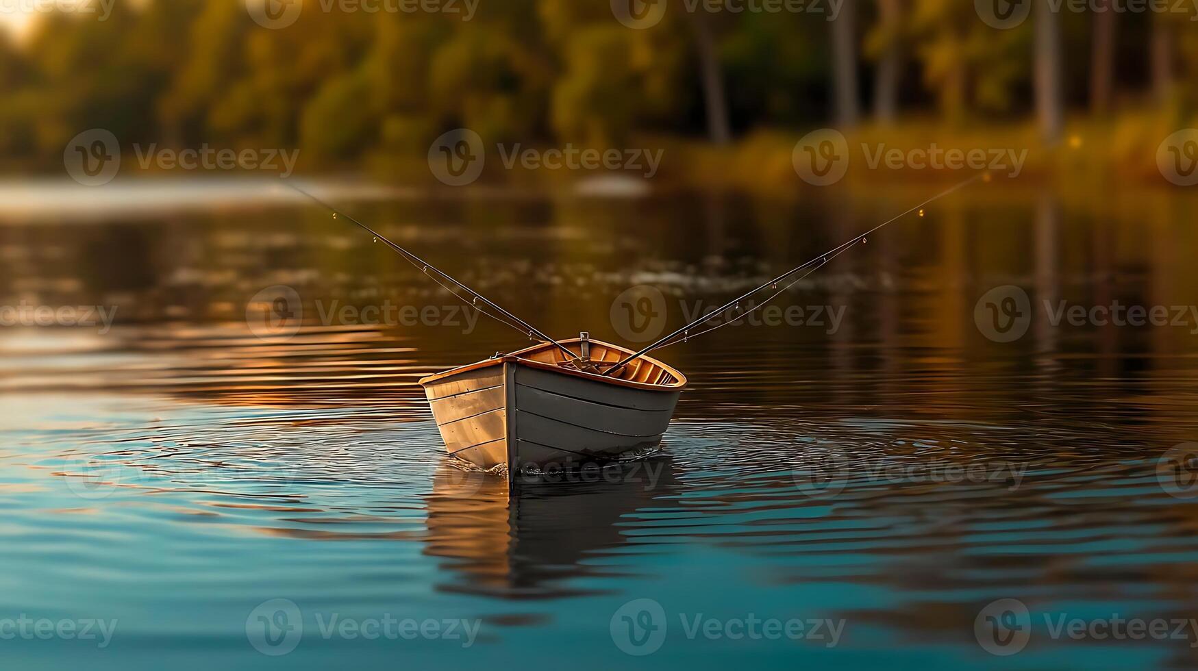 Tranquil fishing boat gliding across a serene lake at sunset, surrounded by lush greenery photo