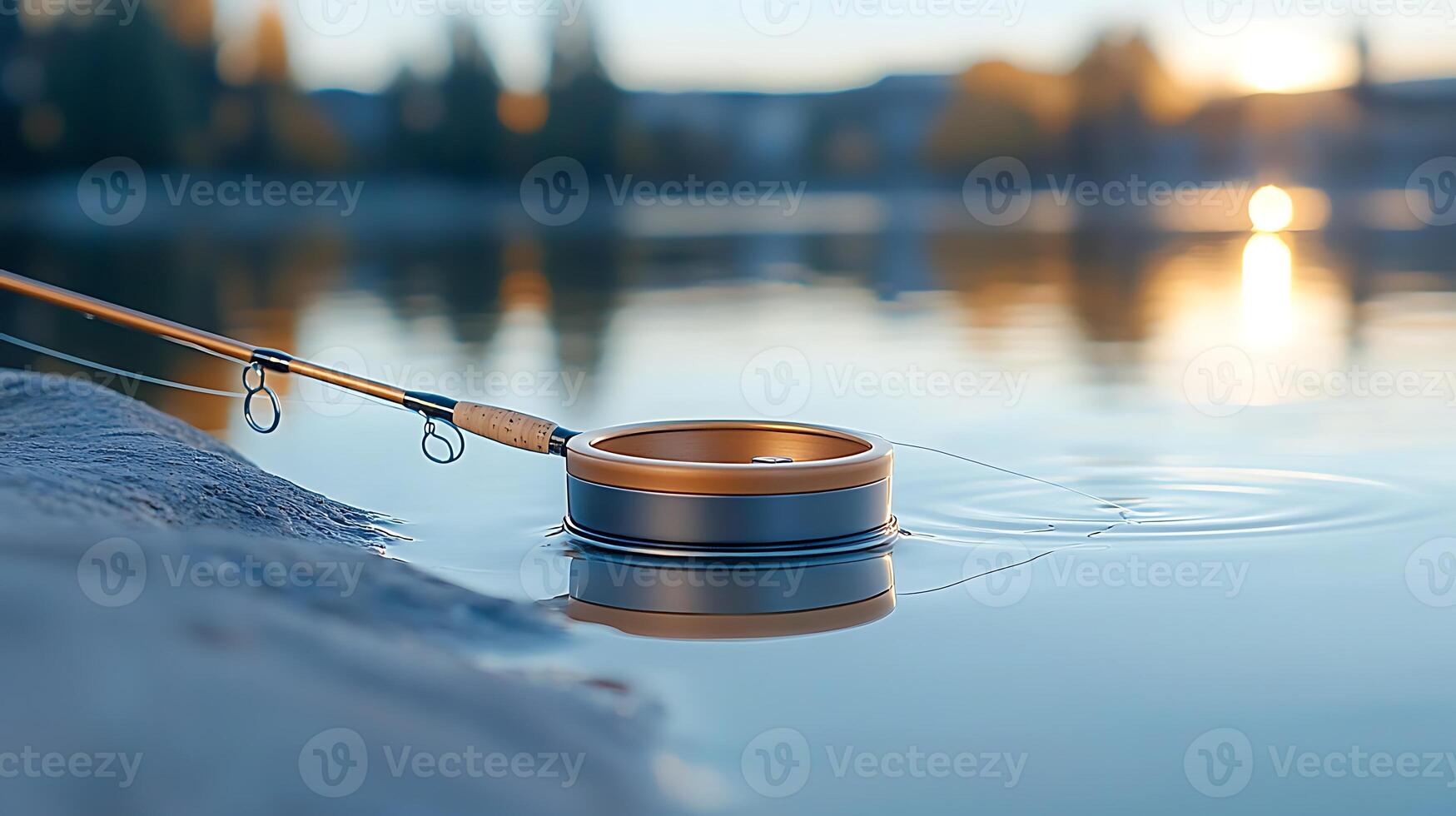 Tranquil fishing scene at sunset with a fishing reel resting on the water's surface photo