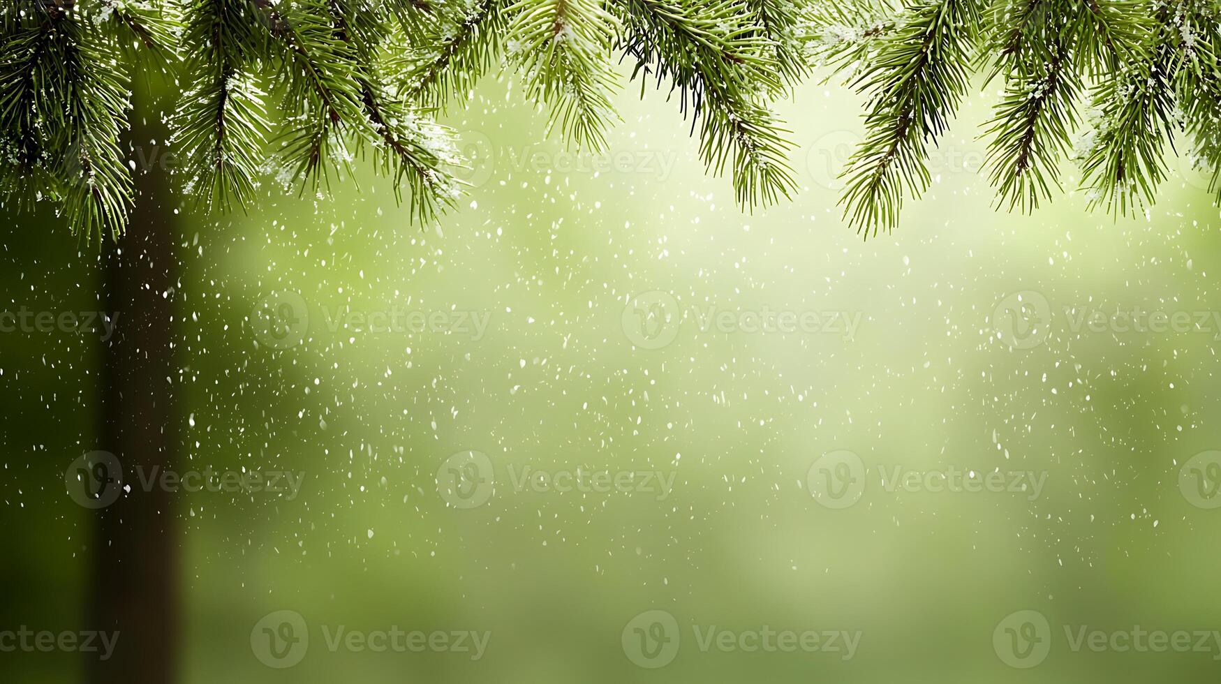 Tranquil forest scene with falling rain, lush greenery, and soft bokeh background effects photo